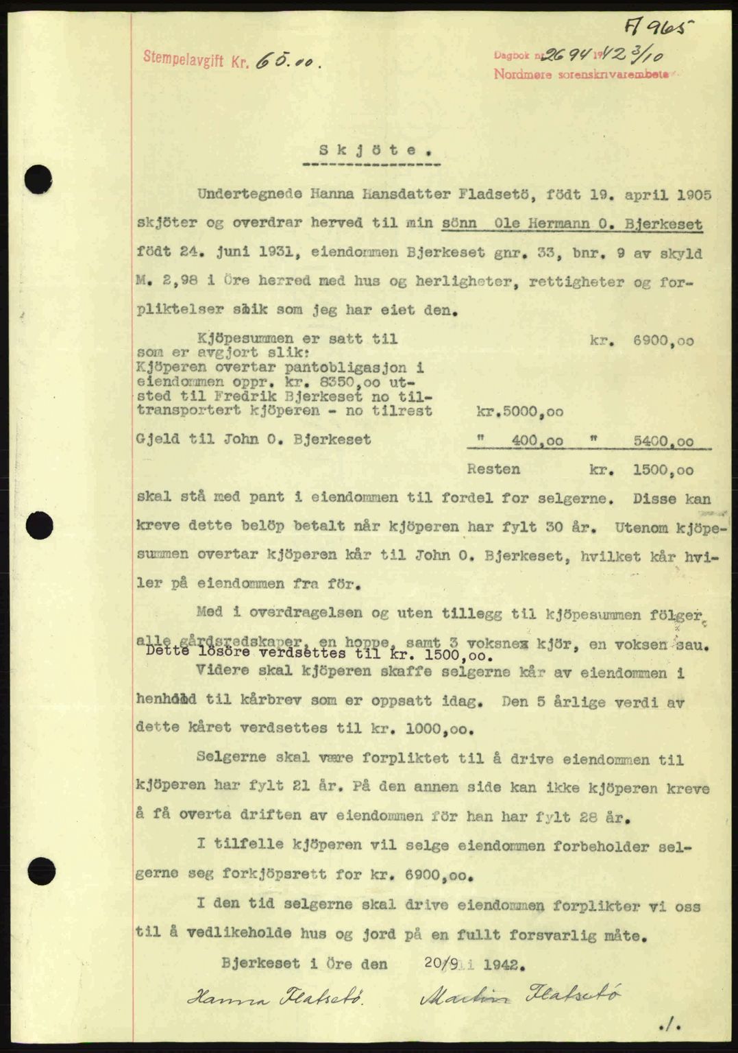 Nordmøre sorenskriveri, SAT/A-4132/1/2/2Ca: Pantebok nr. A93, 1942-1942, Dagboknr: 2694/1942
