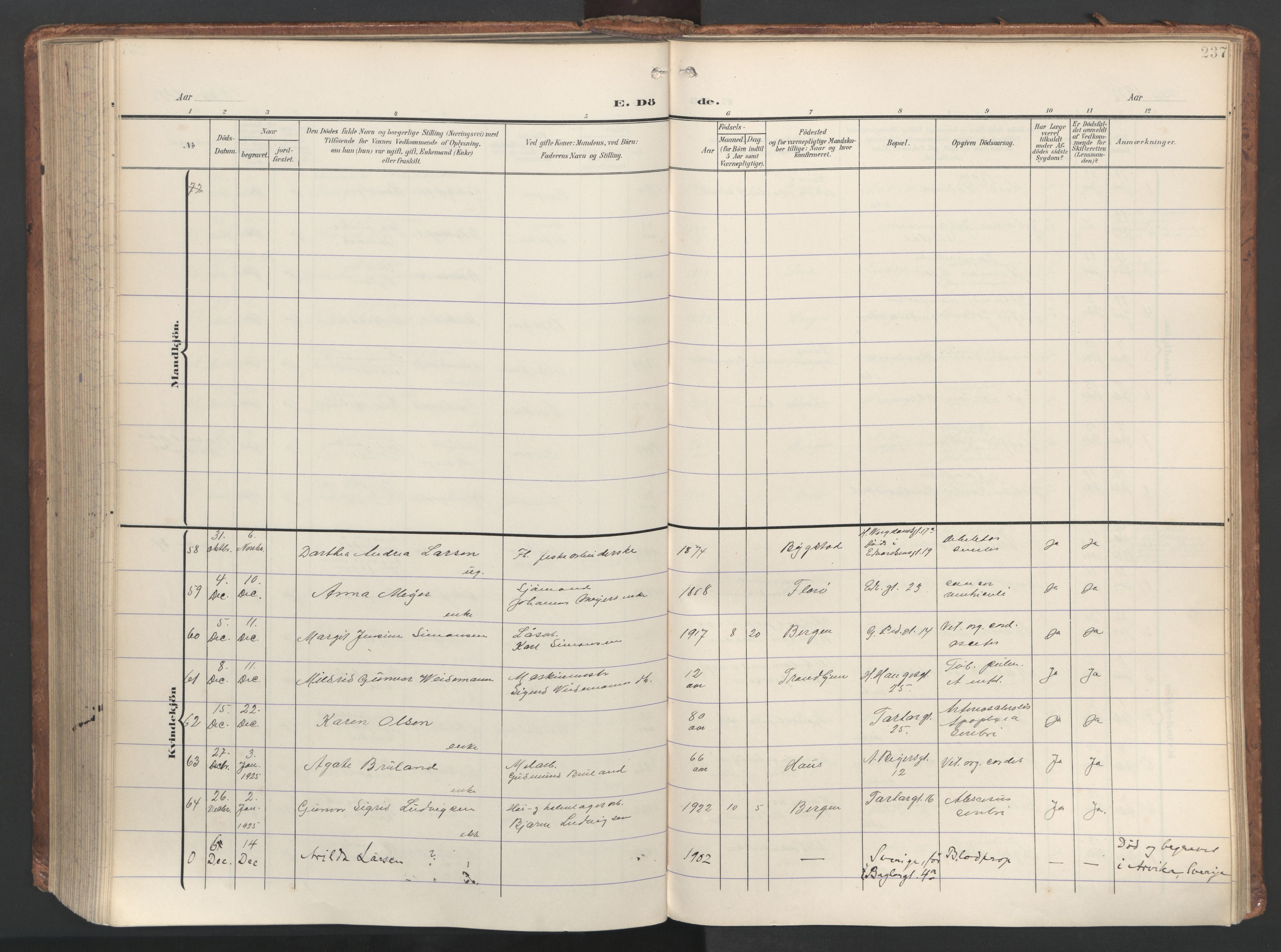 Sandviken Sokneprestembete, AV/SAB-A-77601/H/Ha/L0019: Ministerialbok nr. E 2, 1905-1933, s. 237