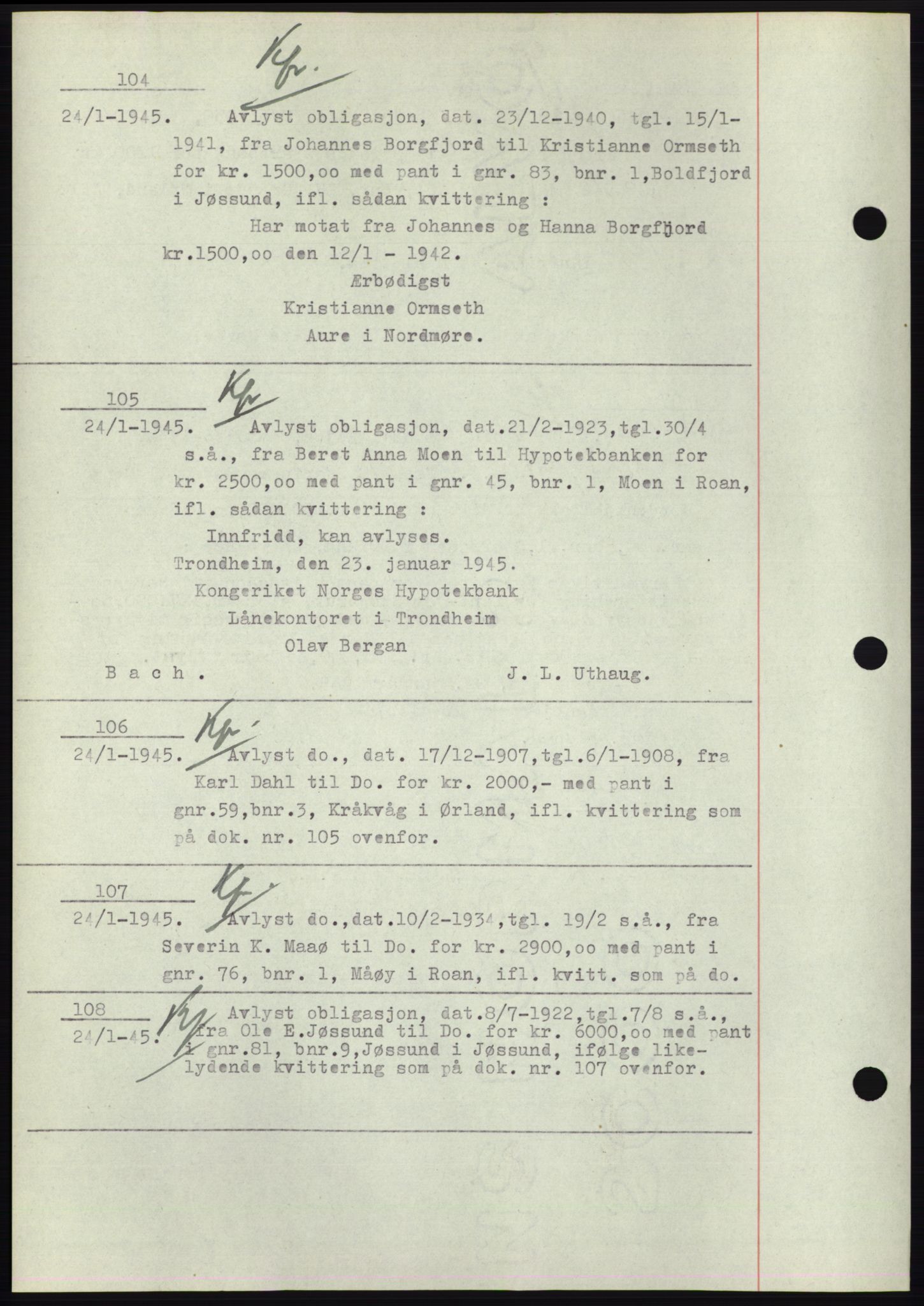 Fosen sorenskriveri, AV/SAT-A-1107/1/2/2C: Pantebok nr. B1, 1943-1946, Dagboknr: 104/1945