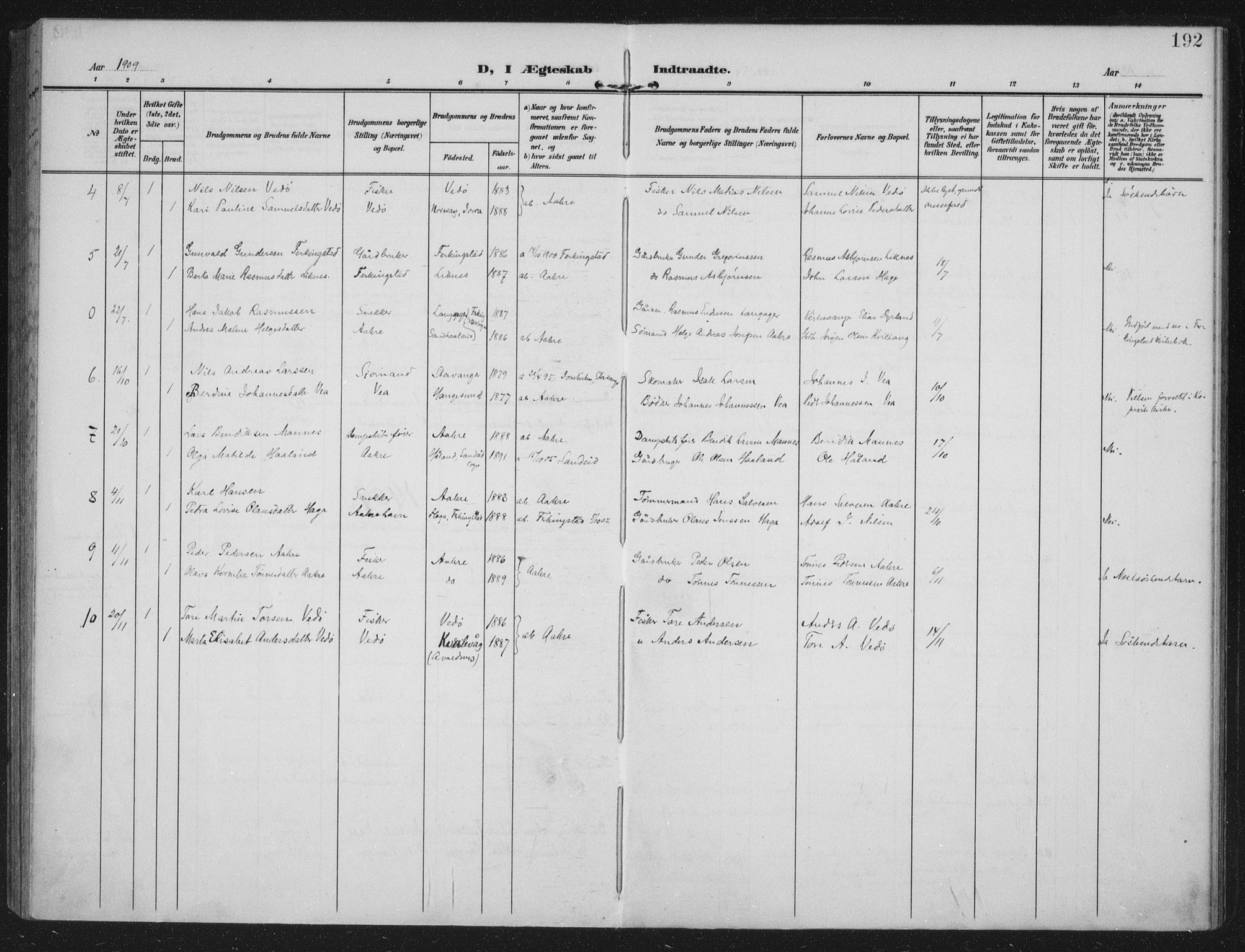 Kopervik sokneprestkontor, SAST/A-101850/H/Ha/Haa/L0005: Ministerialbok nr. A 5, 1906-1924, s. 192