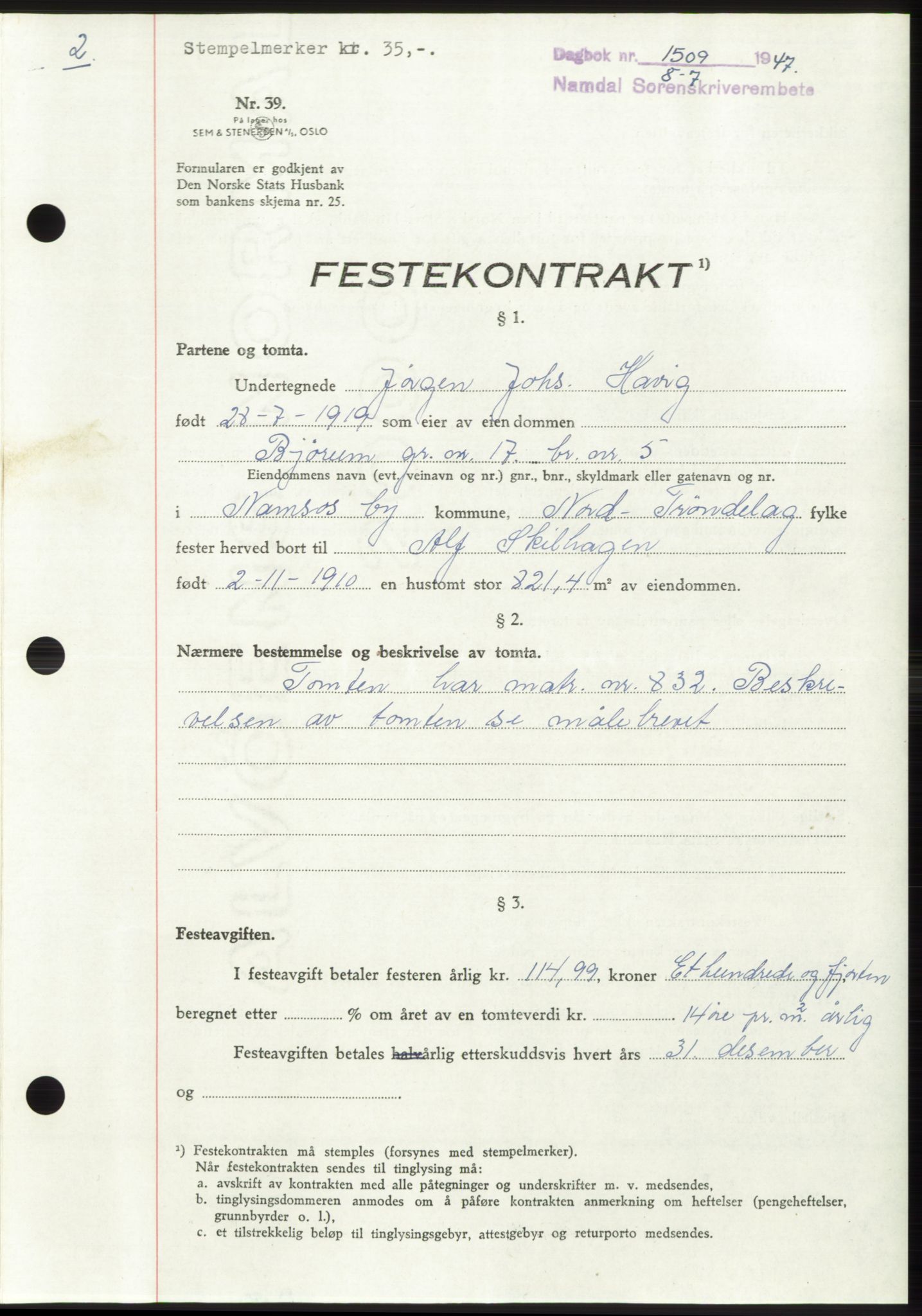 Namdal sorenskriveri, SAT/A-4133/1/2/2C: Pantebok nr. -, 1947-1947, Dagboknr: 1509/1947