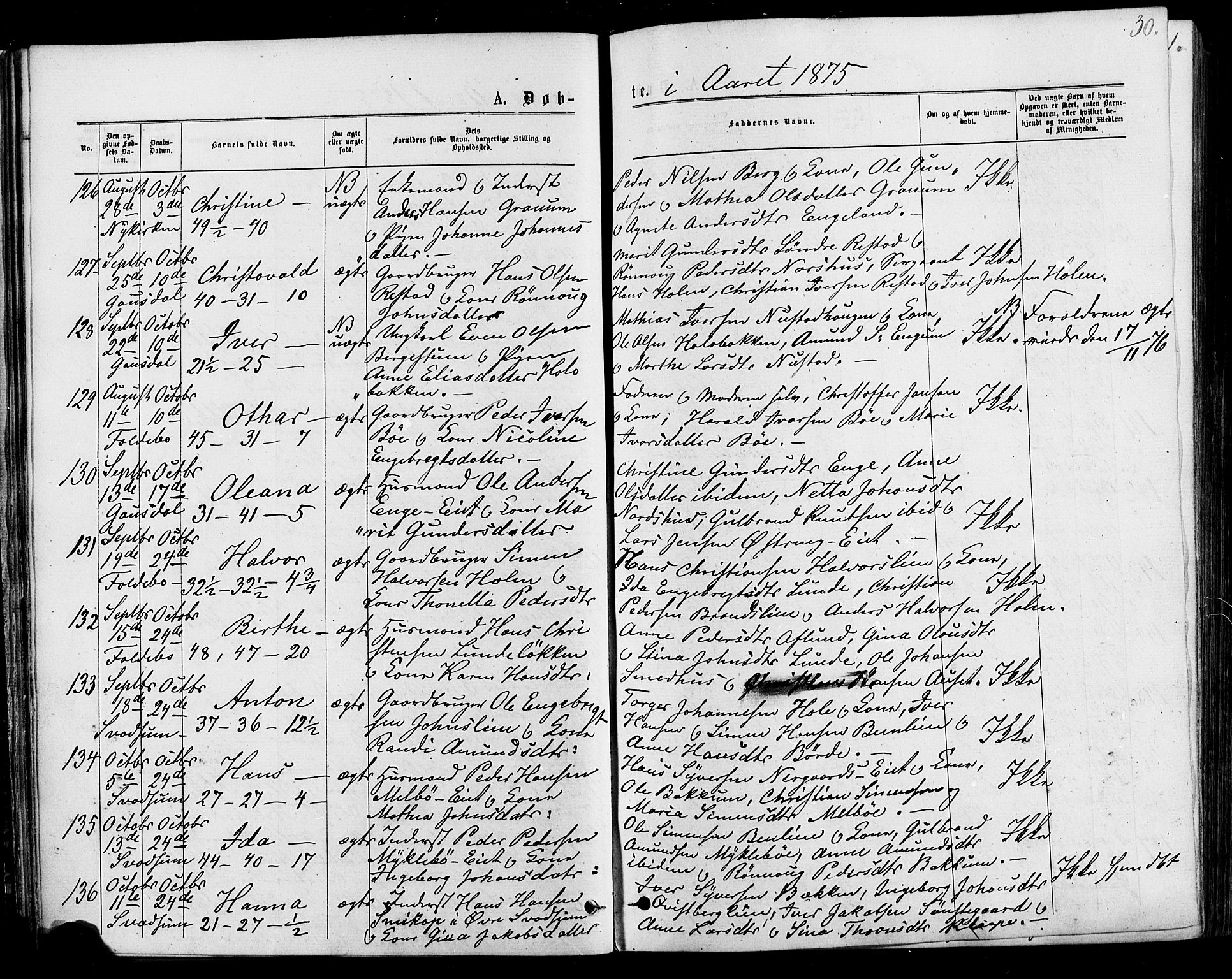 Østre Gausdal prestekontor, AV/SAH-PREST-092/H/Ha/Haa/L0001: Ministerialbok nr. 1, 1874-1886, s. 30