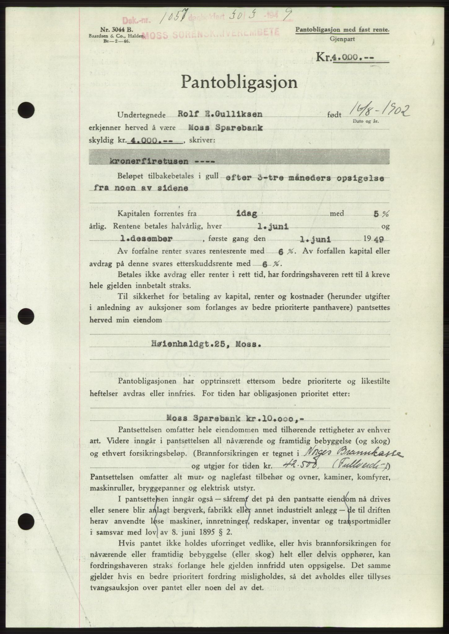 Moss sorenskriveri, SAO/A-10168: Pantebok nr. B21, 1949-1949, Dagboknr: 1057/1949