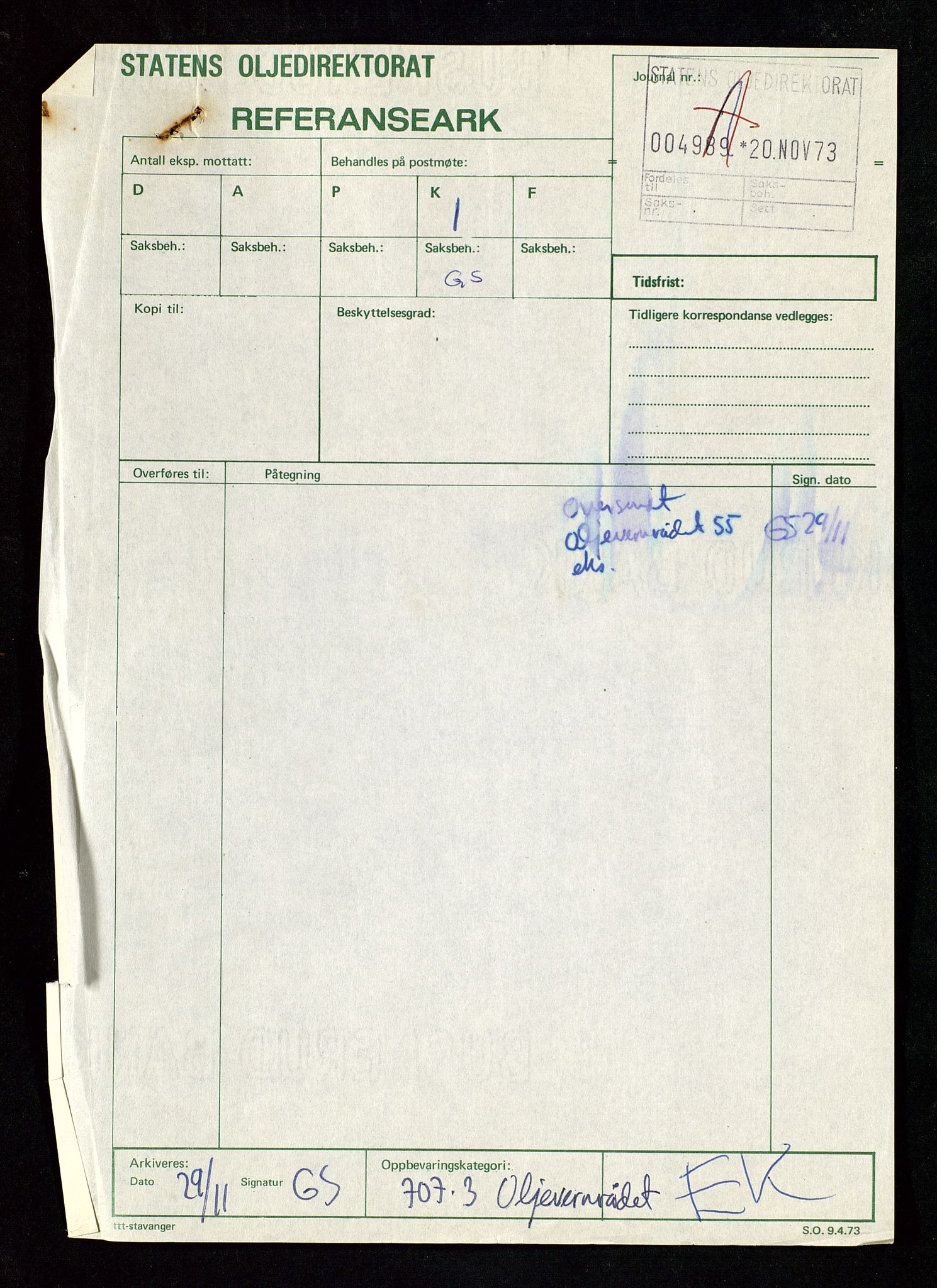 Oljedirektoratet, AV/SAST-A-101366/Da/L0034: Sakarkiv: Ekofisk, 1973