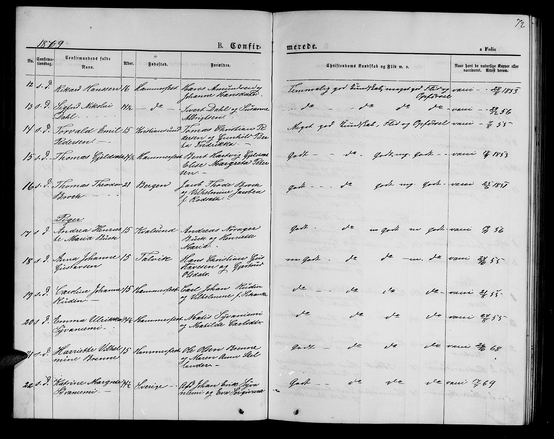 Hammerfest sokneprestkontor, AV/SATØ-S-1347/H/Hb/L0004.klokk: Klokkerbok nr. 4, 1869-1877, s. 72