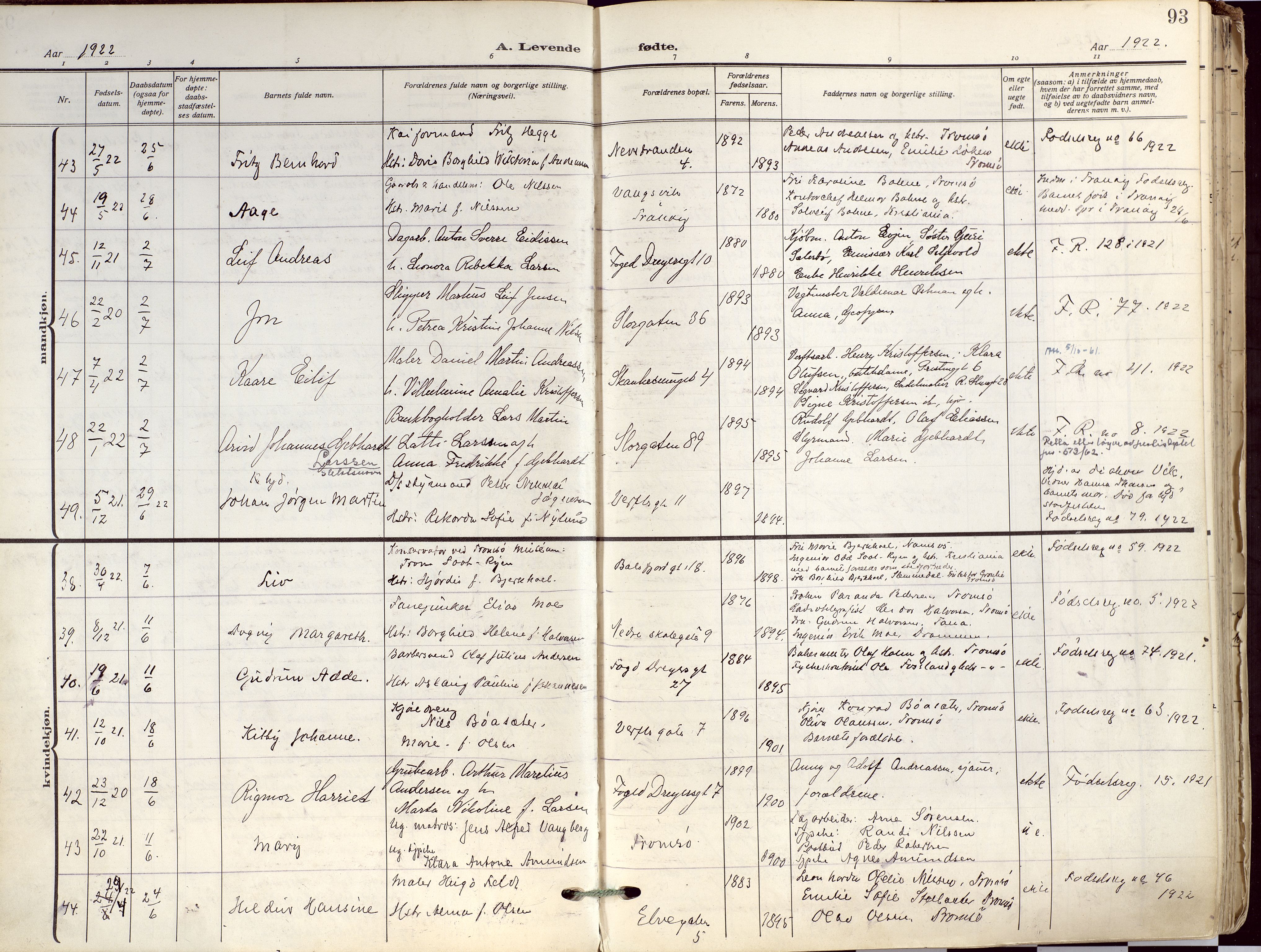 Tromsø sokneprestkontor/stiftsprosti/domprosti, SATØ/S-1343/G/Ga/L0019kirke: Ministerialbok nr. 19, 1917-1927, s. 93