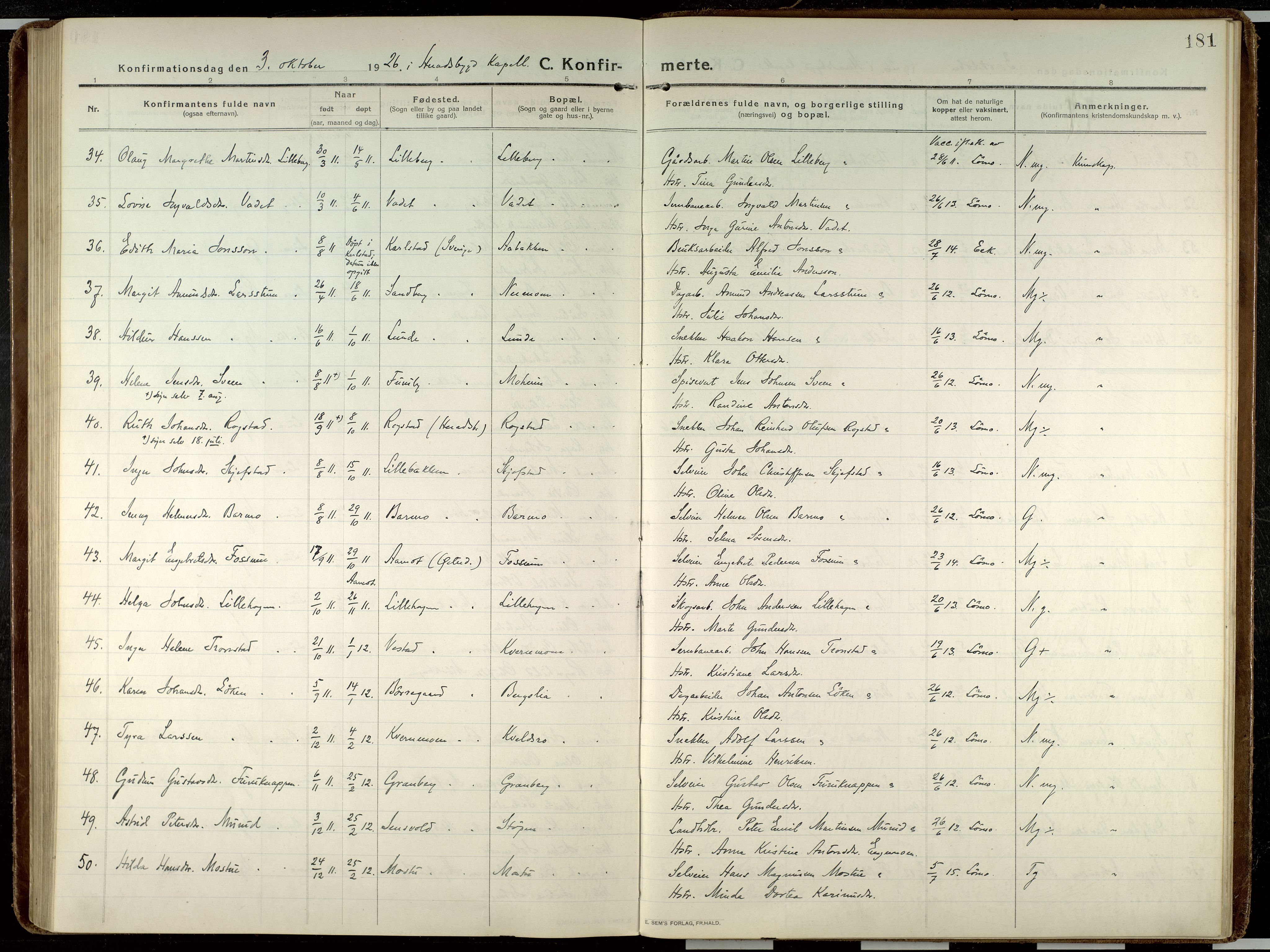 Elverum prestekontor, AV/SAH-PREST-044/H/Ha/Haa/L0023: Ministerialbok nr. 23, 1914-1929, s. 181