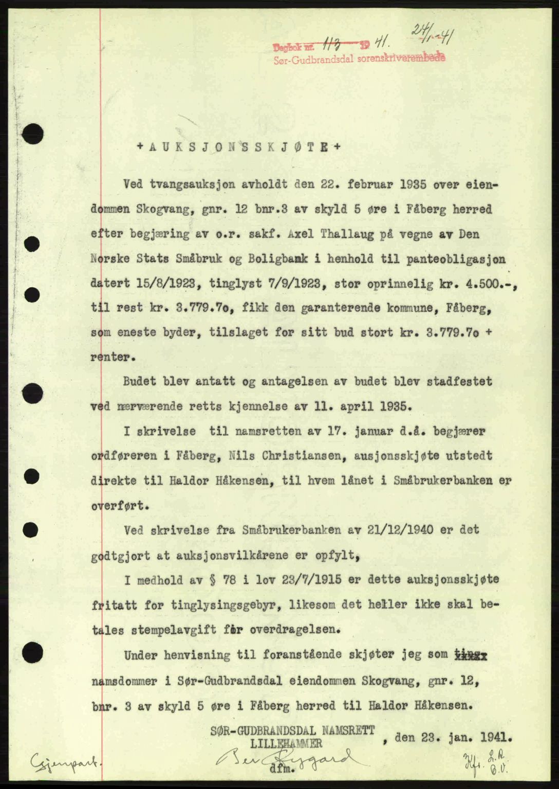 Sør-Gudbrandsdal tingrett, SAH/TING-004/H/Hb/Hbd/L0008: Pantebok nr. A8, 1940-1941, Dagboknr: 113/1941