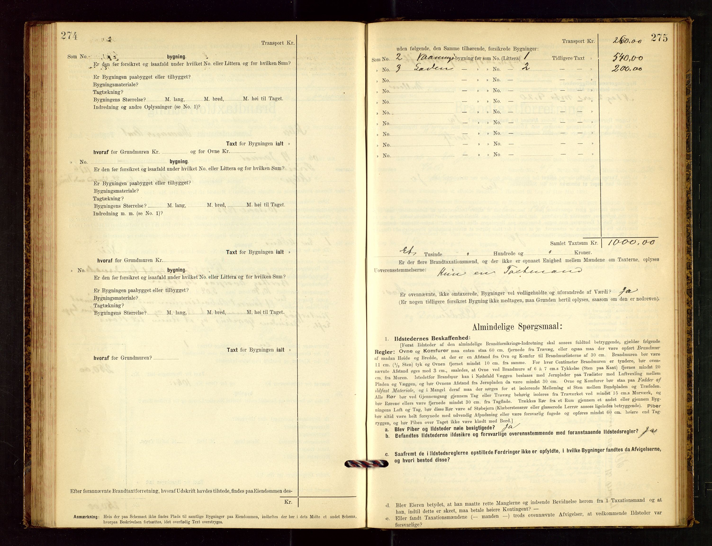 Klepp lensmannskontor, AV/SAST-A-100163/Goc/L0003: "Brandtaxationsprotokol" m/register, 1902-1907, s. 274-275