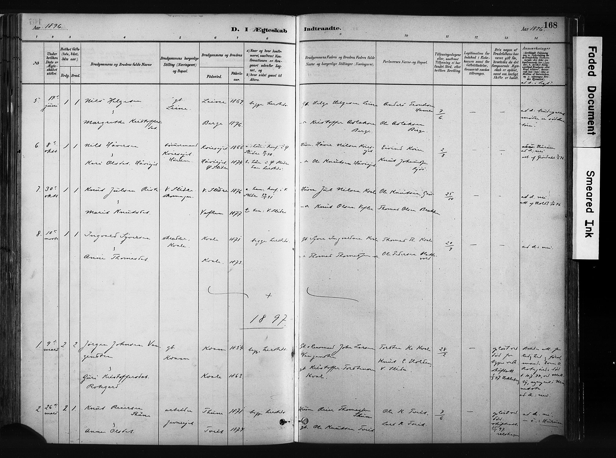 Vang prestekontor, Valdres, AV/SAH-PREST-140/H/Ha/L0008: Ministerialbok nr. 8, 1882-1910, s. 168