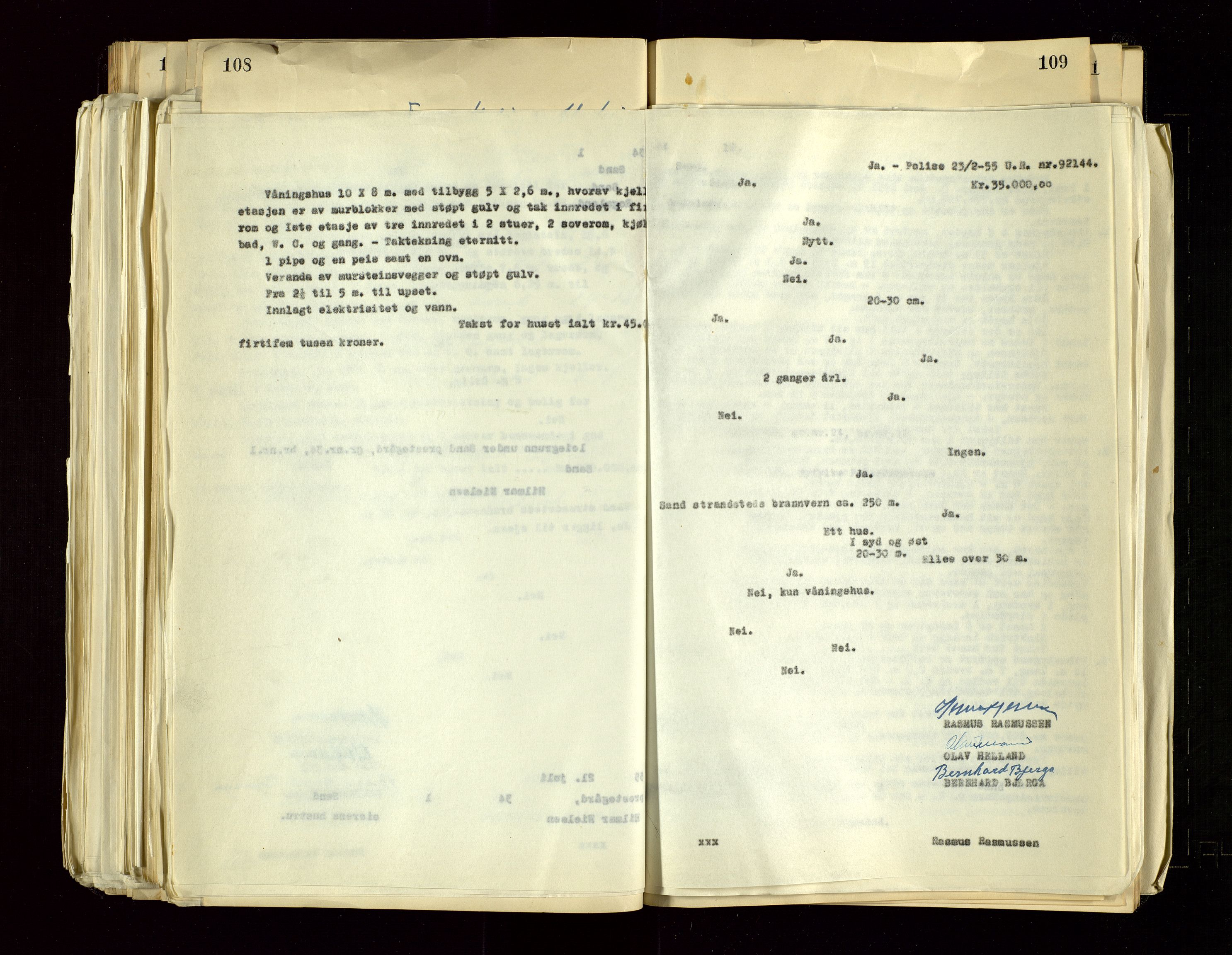 Sand lensmannskontor, SAST/A-100415/Gob/L0004: Branntakstprotokoll, 1937-1955, s. 108-109