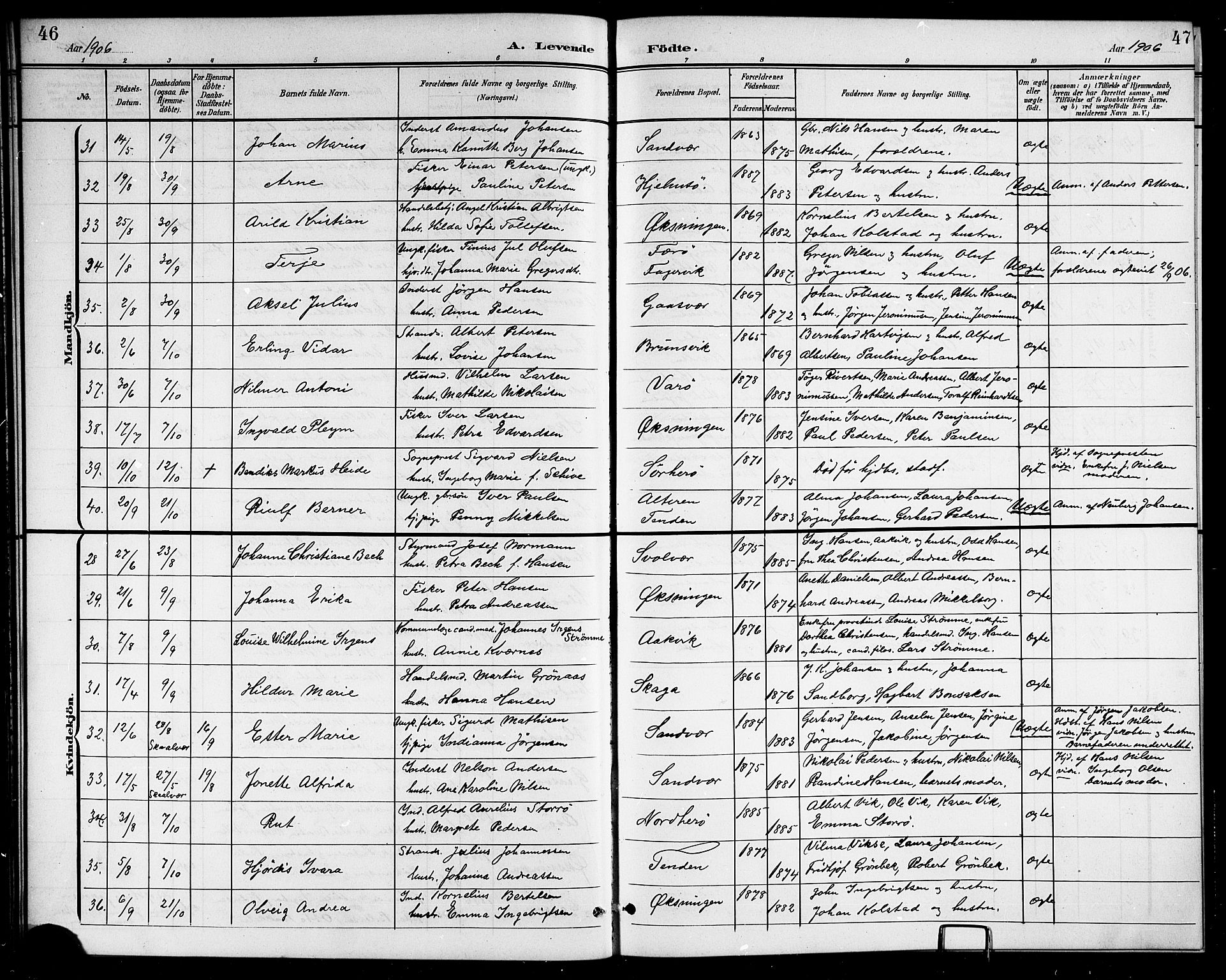 Ministerialprotokoller, klokkerbøker og fødselsregistre - Nordland, AV/SAT-A-1459/834/L0516: Klokkerbok nr. 834C06, 1902-1918, s. 46-47