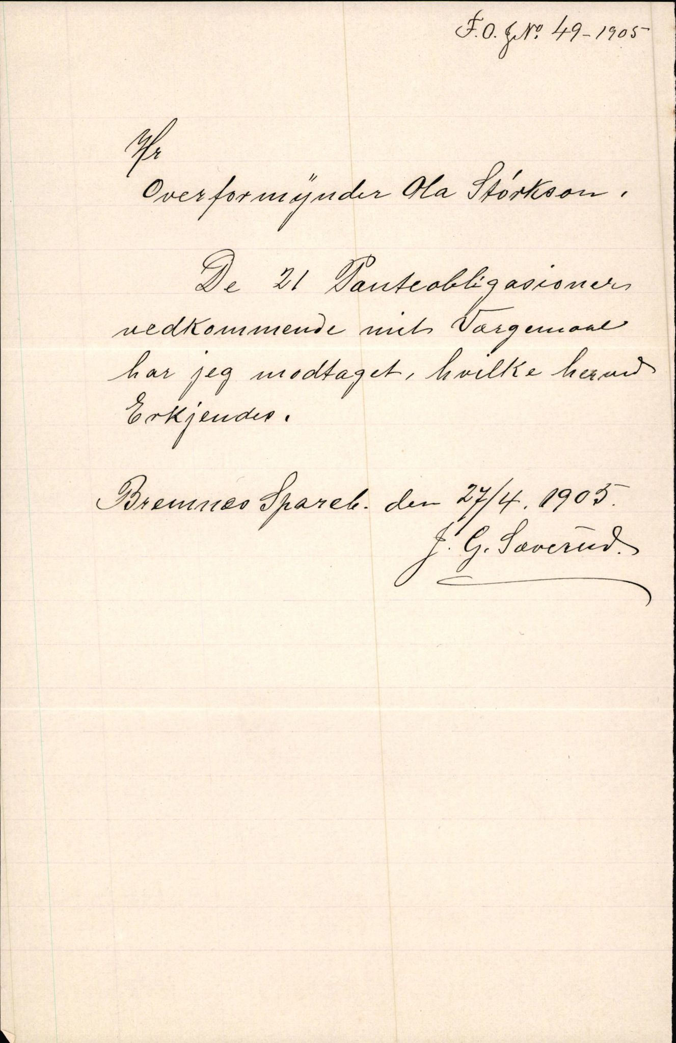 Finnaas kommune. Overformynderiet, IKAH/1218a-812/D/Da/Daa/L0002/0003: Kronologisk ordna korrespondanse / Kronologisk ordna korrespondanse, 1905-1909, s. 14