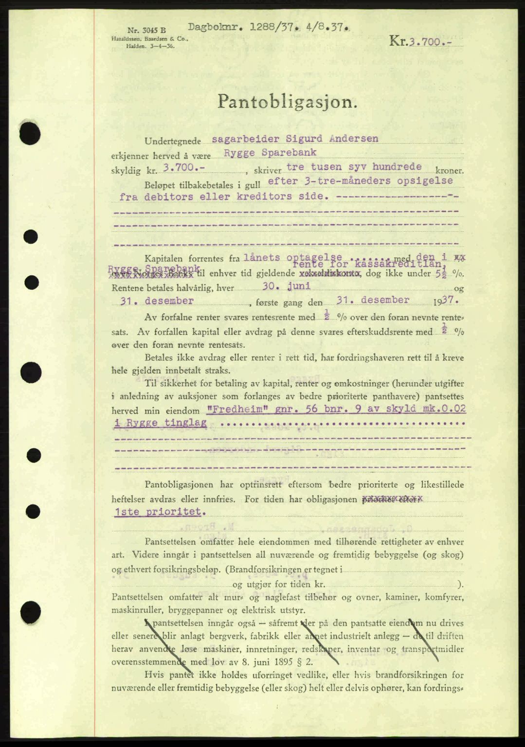 Moss sorenskriveri, SAO/A-10168: Pantebok nr. B3, 1937-1937, Dagboknr: 1288/1937