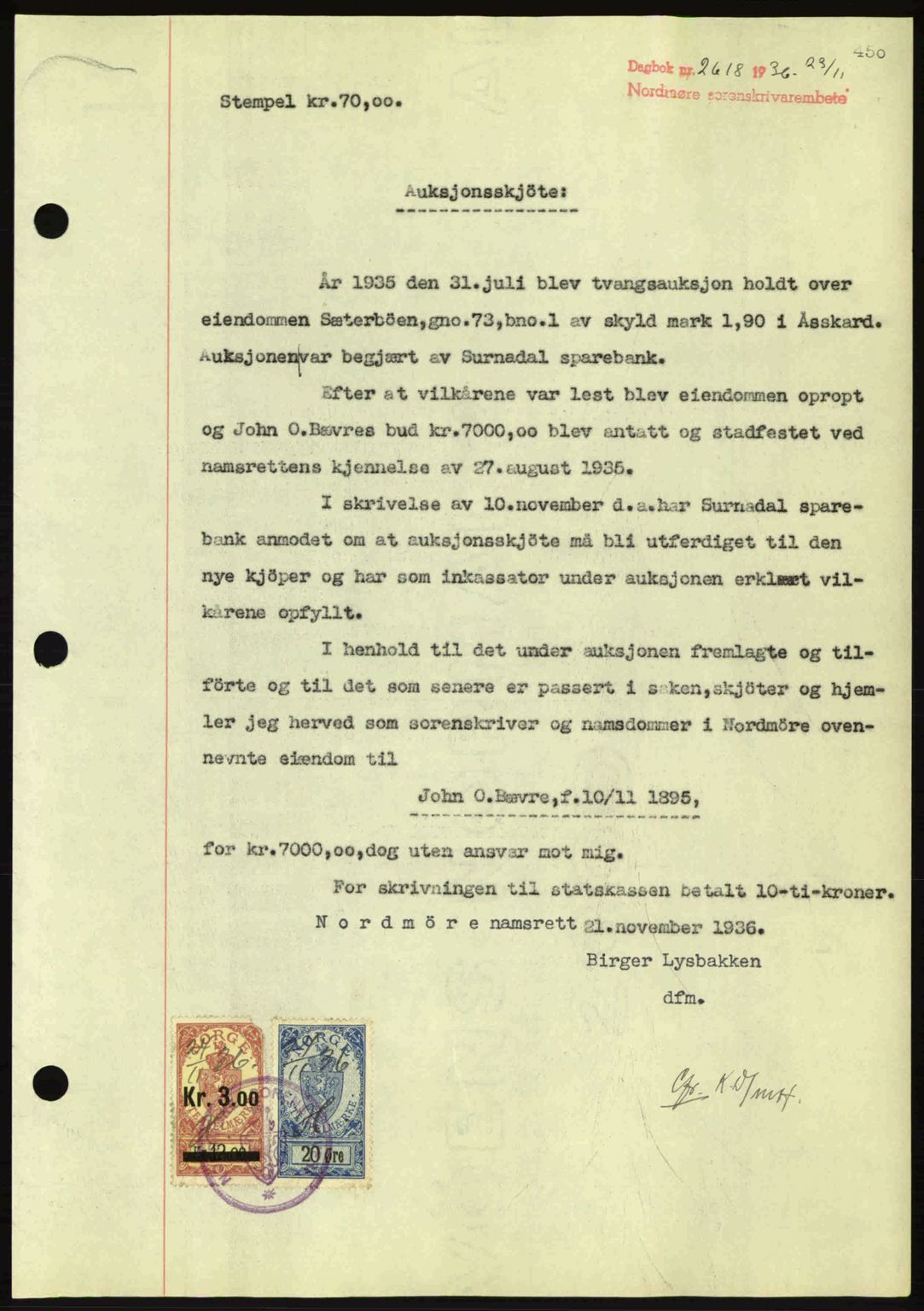 Nordmøre sorenskriveri, SAT/A-4132/1/2/2Ca: Pantebok nr. A80, 1936-1937, Dagboknr: 2618/1936
