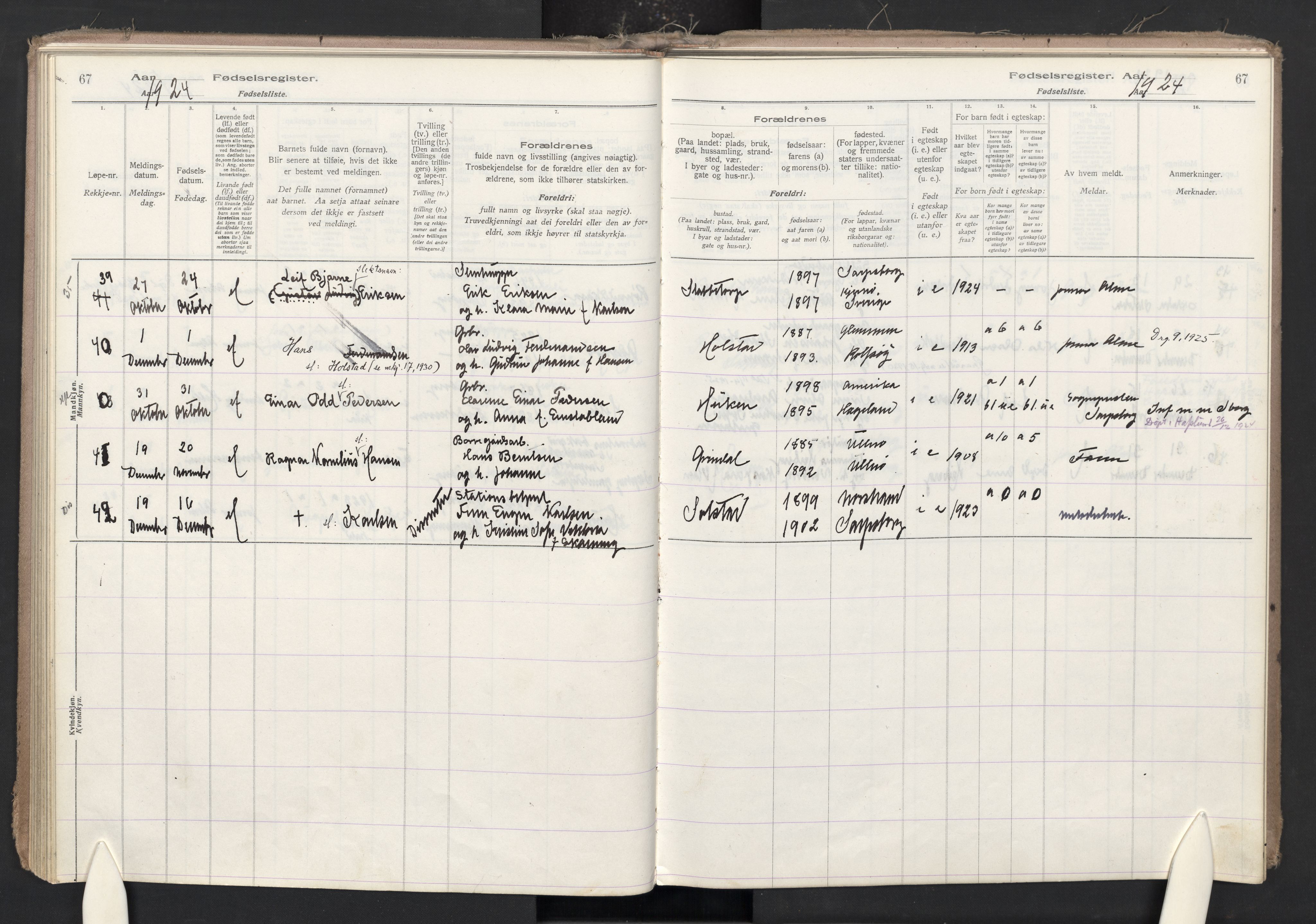 Skjeberg prestekontor Kirkebøker, AV/SAO-A-10923/J/Ja/L0001: Fødselsregister nr. I 1, 1916-1945, s. 67