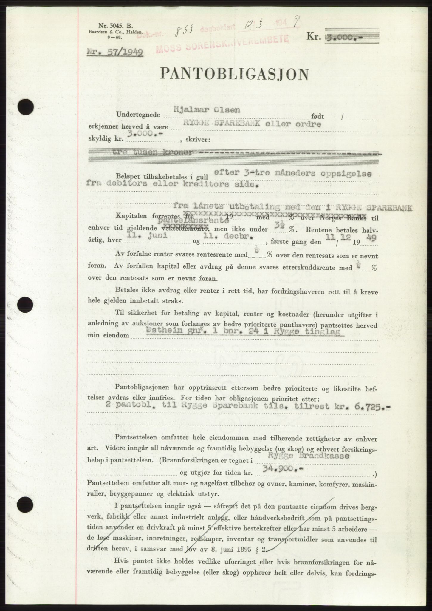 Moss sorenskriveri, SAO/A-10168: Pantebok nr. B21, 1949-1949, Dagboknr: 853/1949