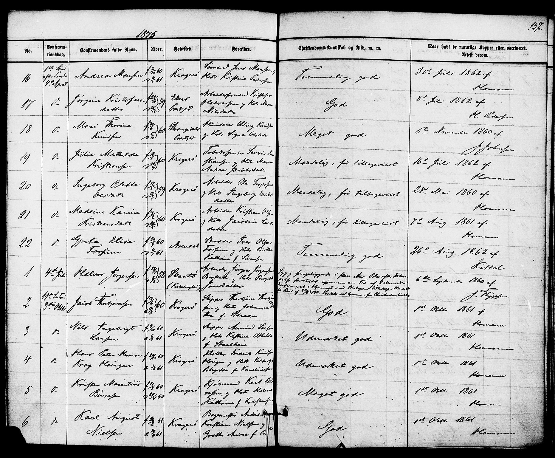 Kragerø kirkebøker, AV/SAKO-A-278/F/Fa/L0008: Ministerialbok nr. 8, 1856-1880, s. 157