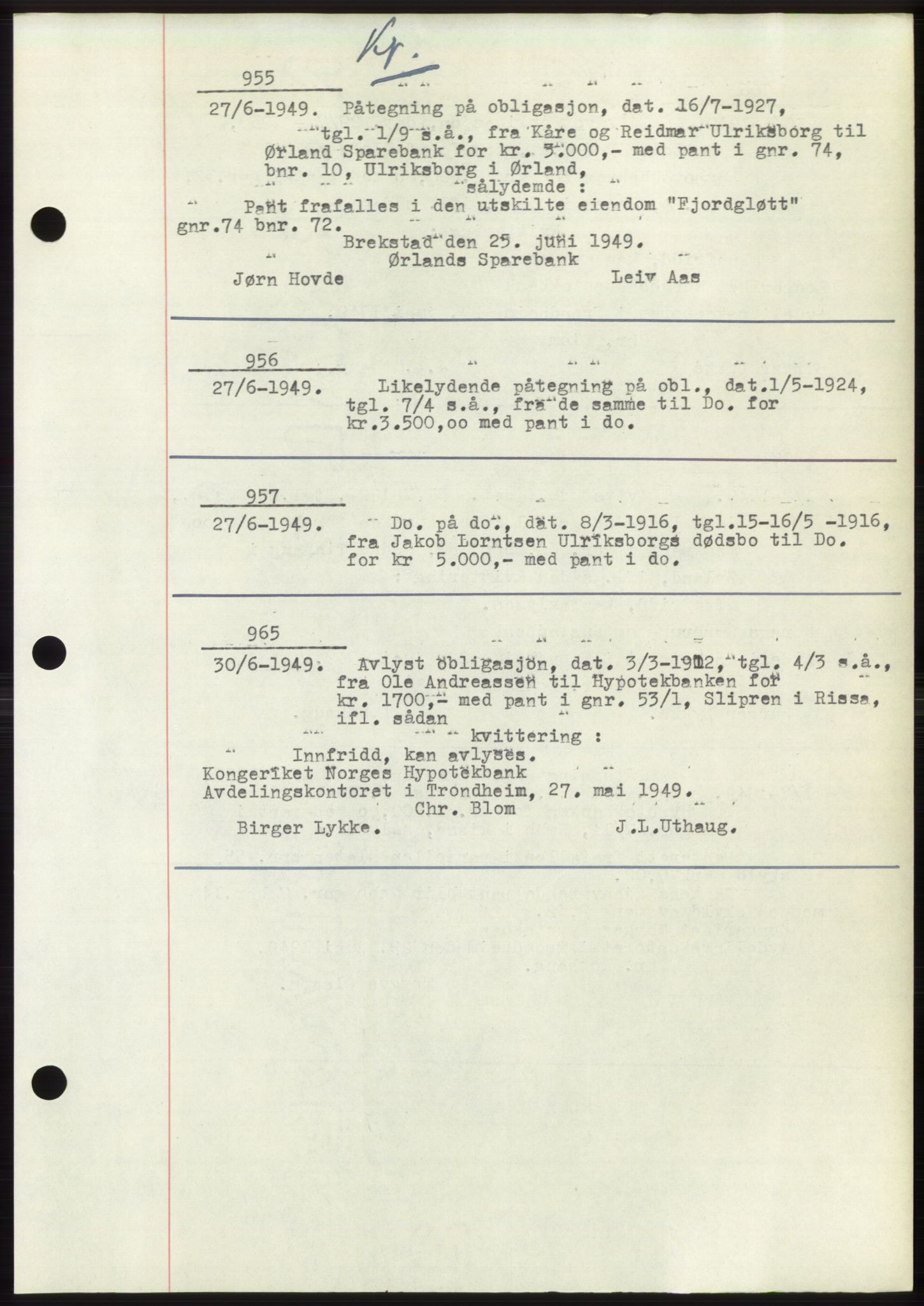 Fosen sorenskriveri, AV/SAT-A-1107/1/2/2C: Pantebok nr. B3, 1948-1950, Dagboknr: 955/1949