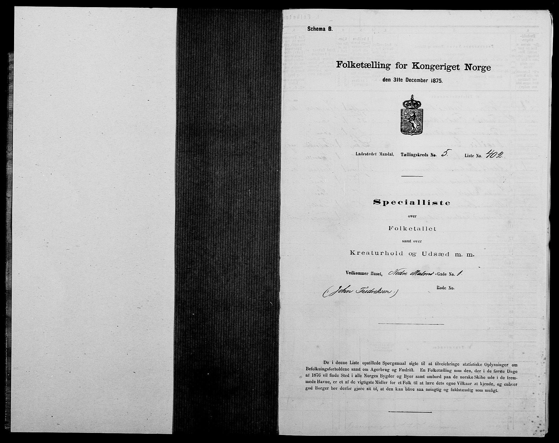 SAK, Folketelling 1875 for 1002B Mandal prestegjeld, Mandal ladested, 1875, s. 845