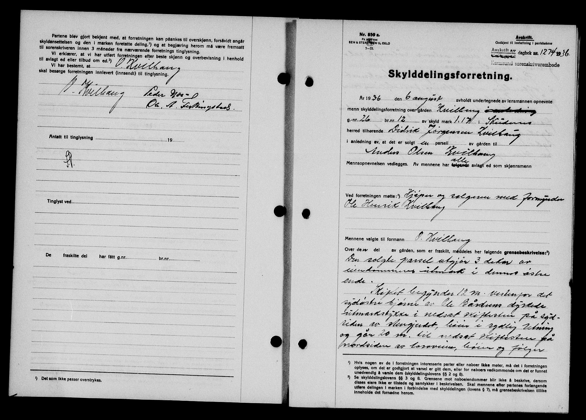 Karmsund sorenskriveri, SAST/A-100311/01/II/IIB/L0066: Pantebok nr. 47A, 1936-1936, Dagboknr: 1274/1936