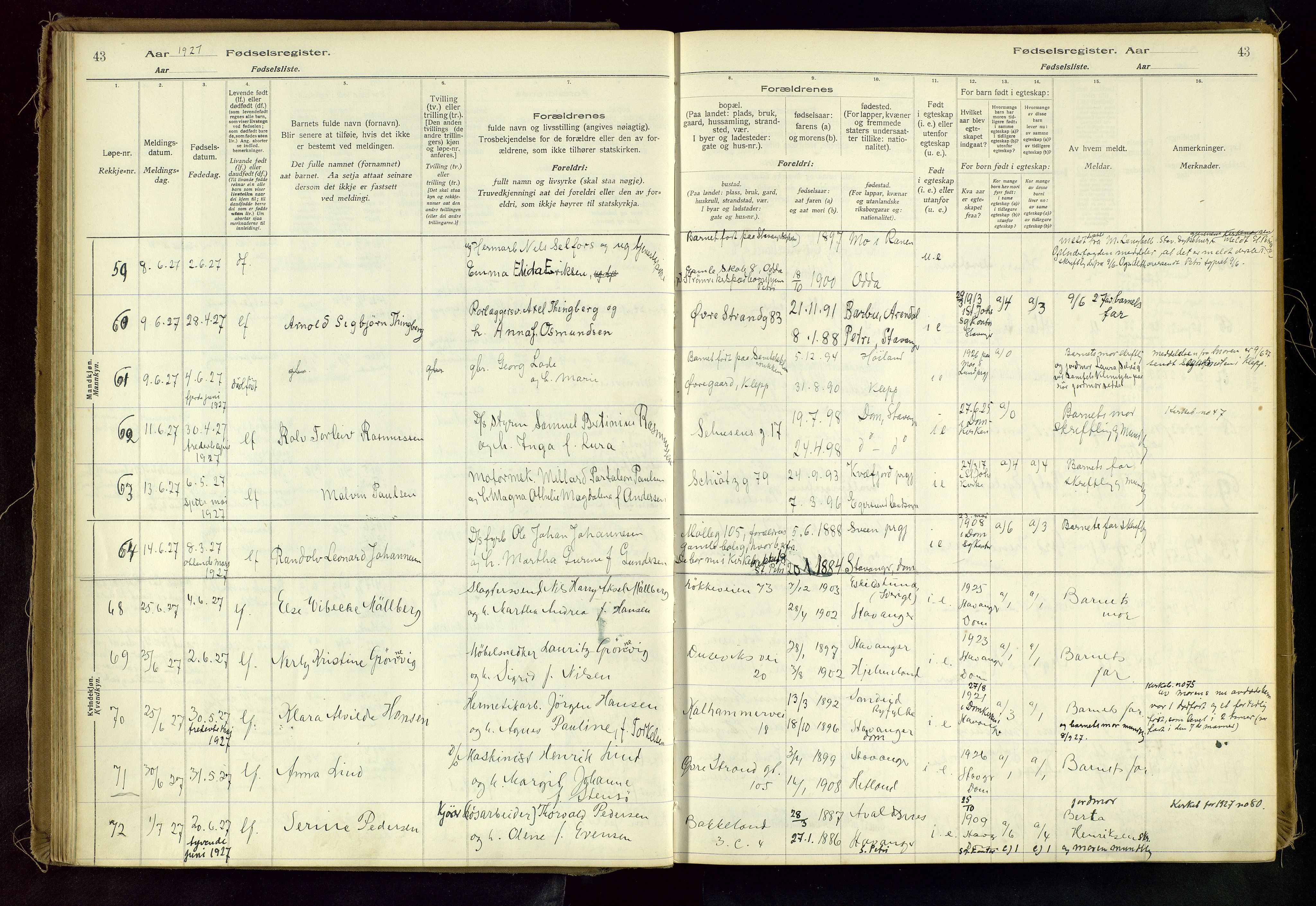 Domkirken sokneprestkontor, AV/SAST-A-101812/002/A/L0001: Fødselsregister nr. 1, 1925-1932, s. 43