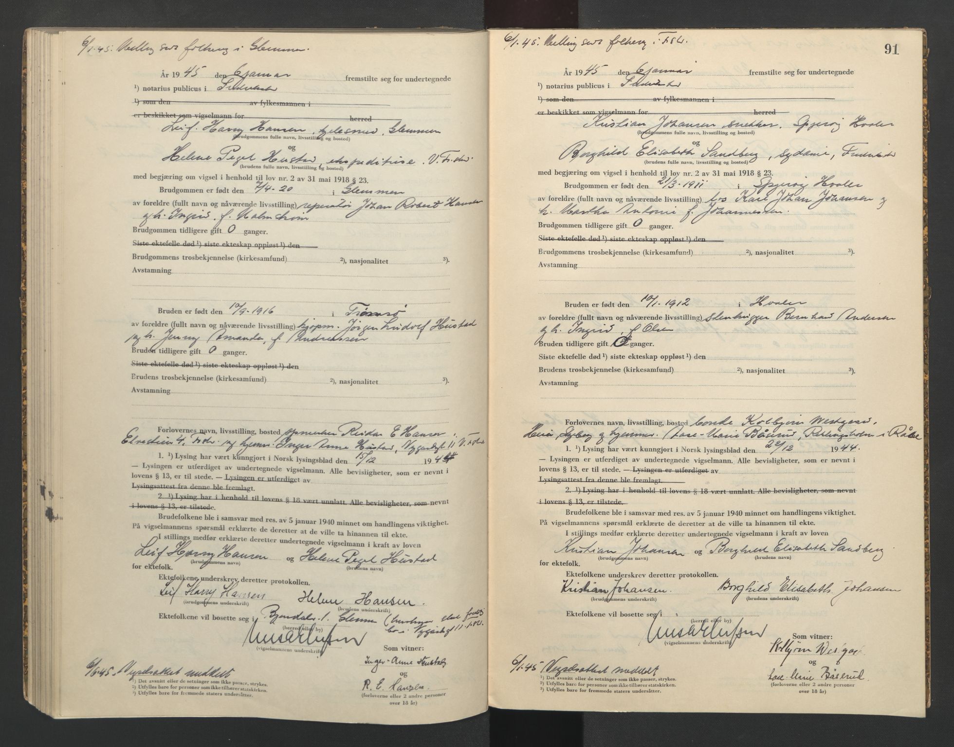 Fredrikstad byfogd, AV/SAO-A-10473a/L/Lc/L0003: Vigselsbok, 1943-1945, s. 91
