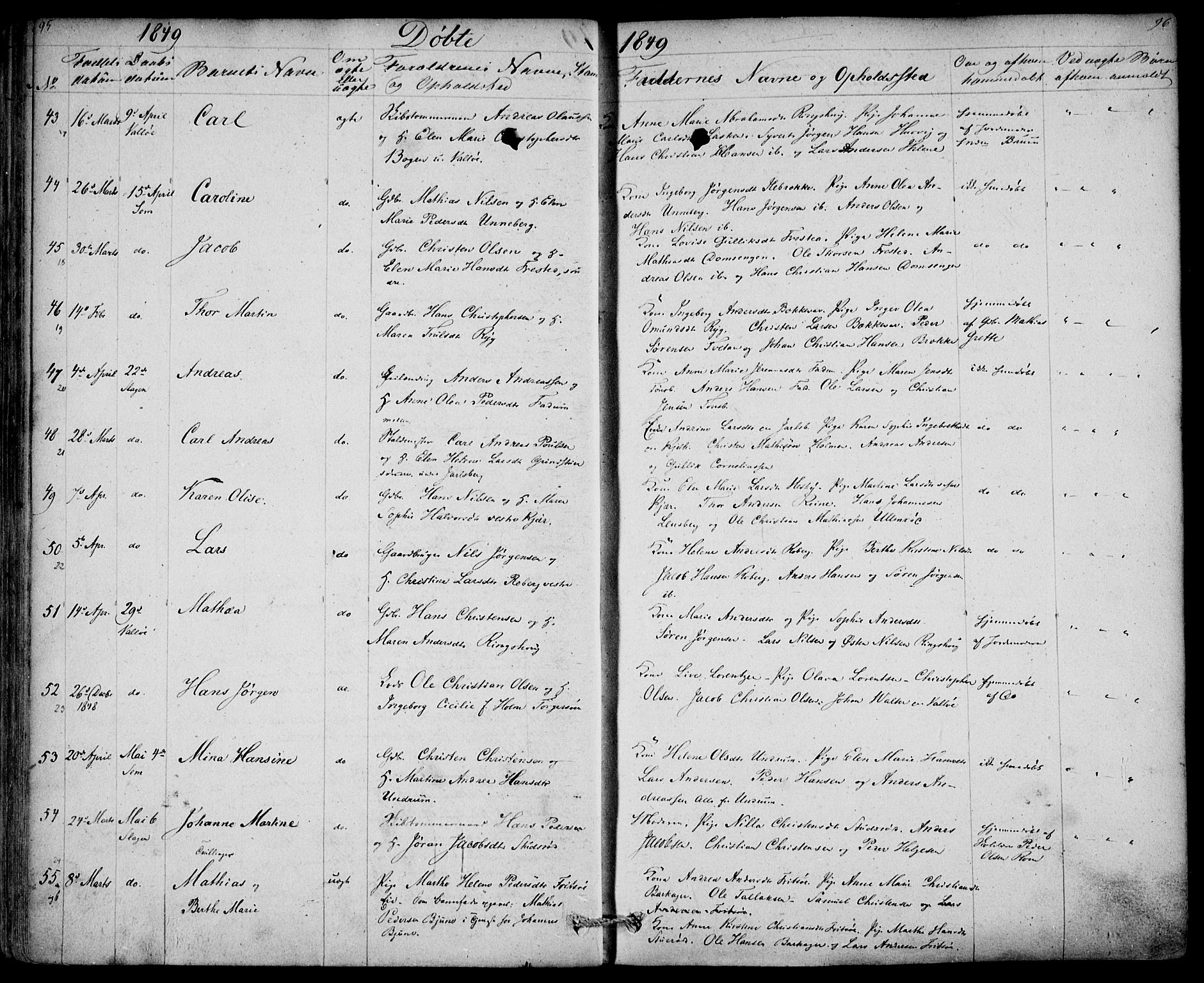 Sem kirkebøker, AV/SAKO-A-5/F/Fa/L0006: Ministerialbok nr. I 6, 1843-1855, s. 95-96