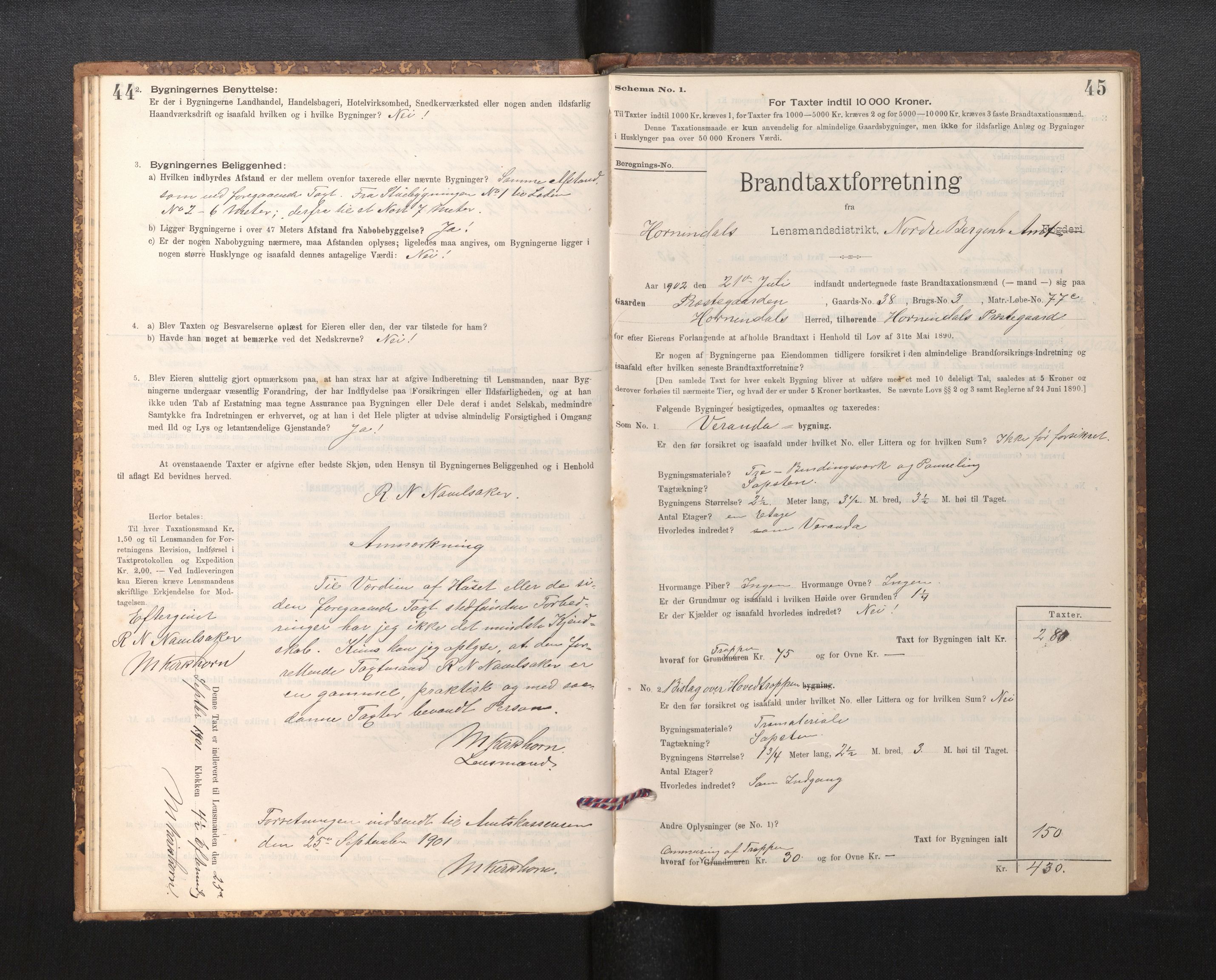 Lensmannen i Hornindal, SAB/A-28201/0012/L0001: Branntakstprotokoll, skjematakst, 1895-1951, s. 44-45