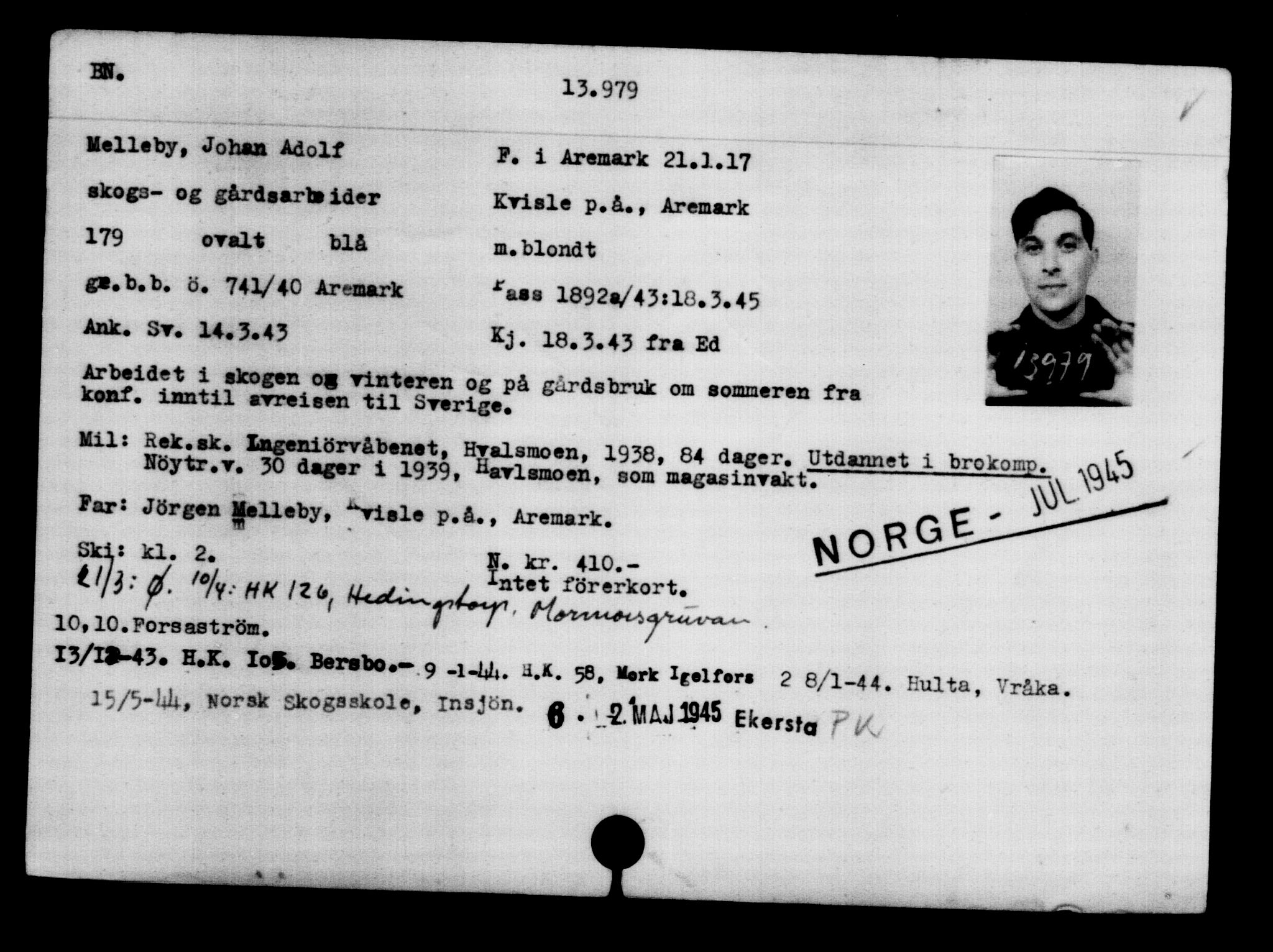 Utenriksstasjonene, Legasjonen i Stockholm, Flyktningkontoret, AV/RA-S-6753/V/Va/L0007: Kjesäterkartoteket, flyktninger med registreringsnr. 12700-15723, 1940-1945, s. 1467