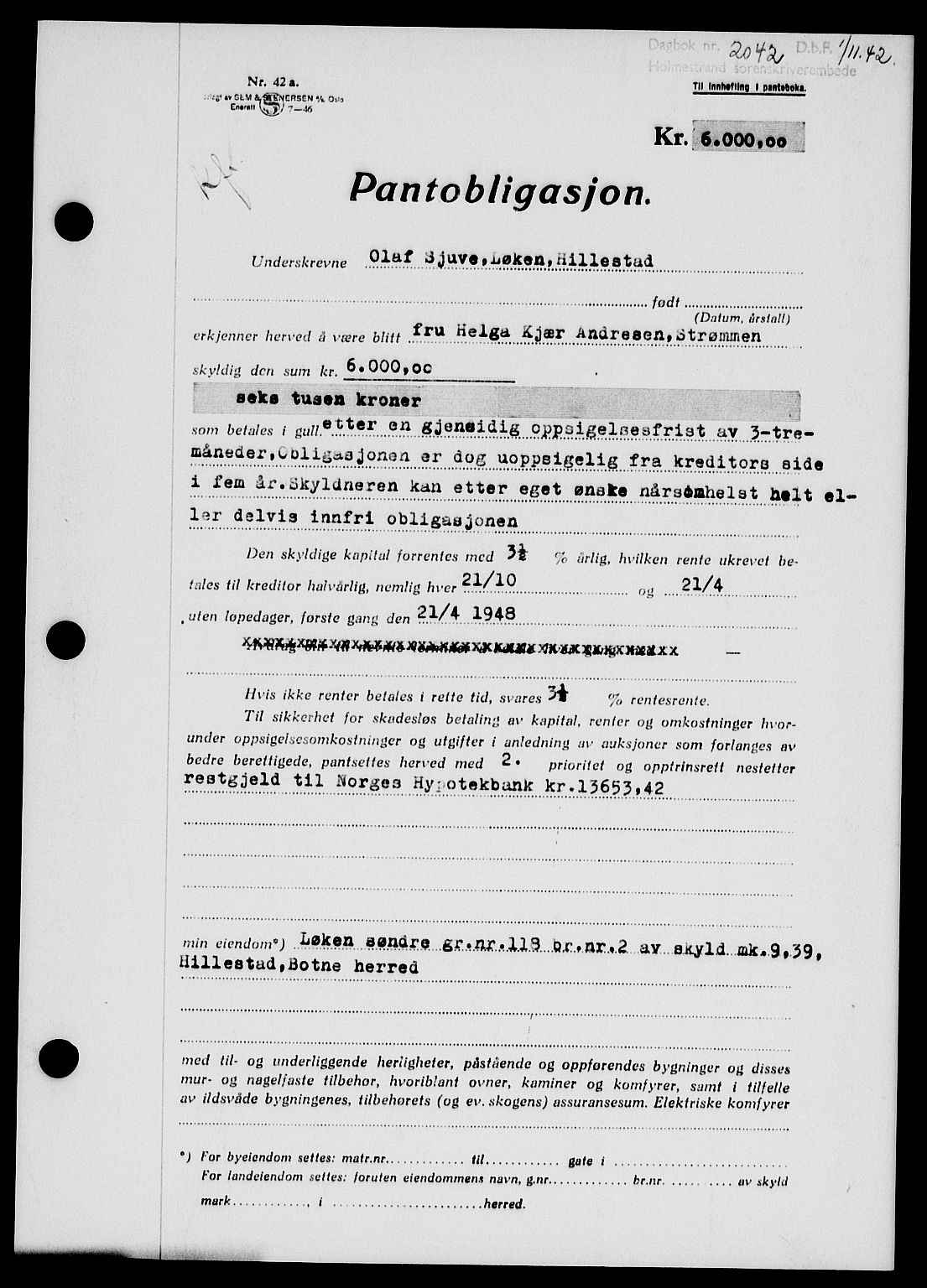 Holmestrand sorenskriveri, SAKO/A-67/G/Ga/Gab/L0058: Pantebok nr. B-58, 1947-1948, Dagboknr: 2042/1947