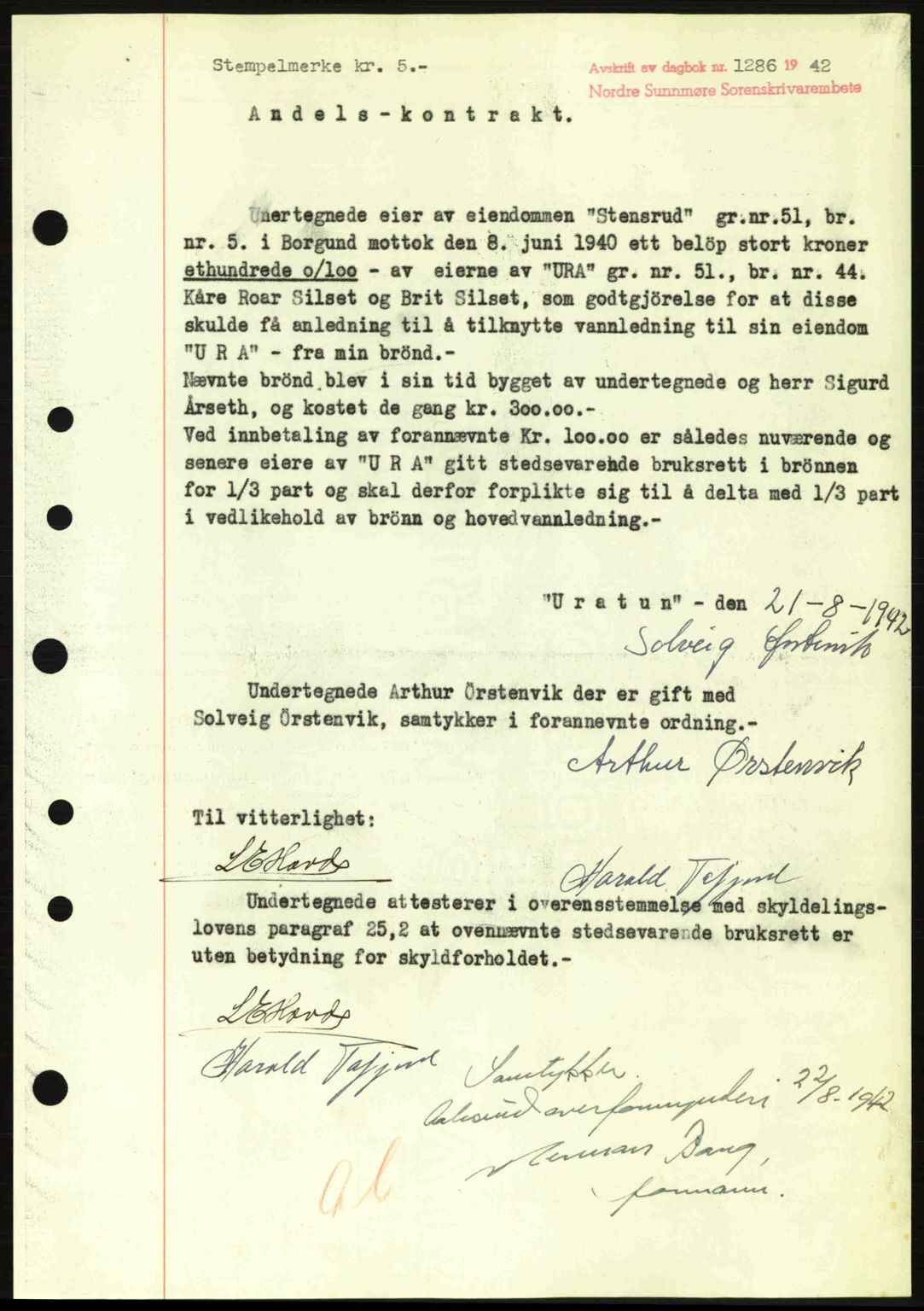 Nordre Sunnmøre sorenskriveri, SAT/A-0006/1/2/2C/2Ca: Pantebok nr. A14, 1942-1942, Dagboknr: 1286/1942