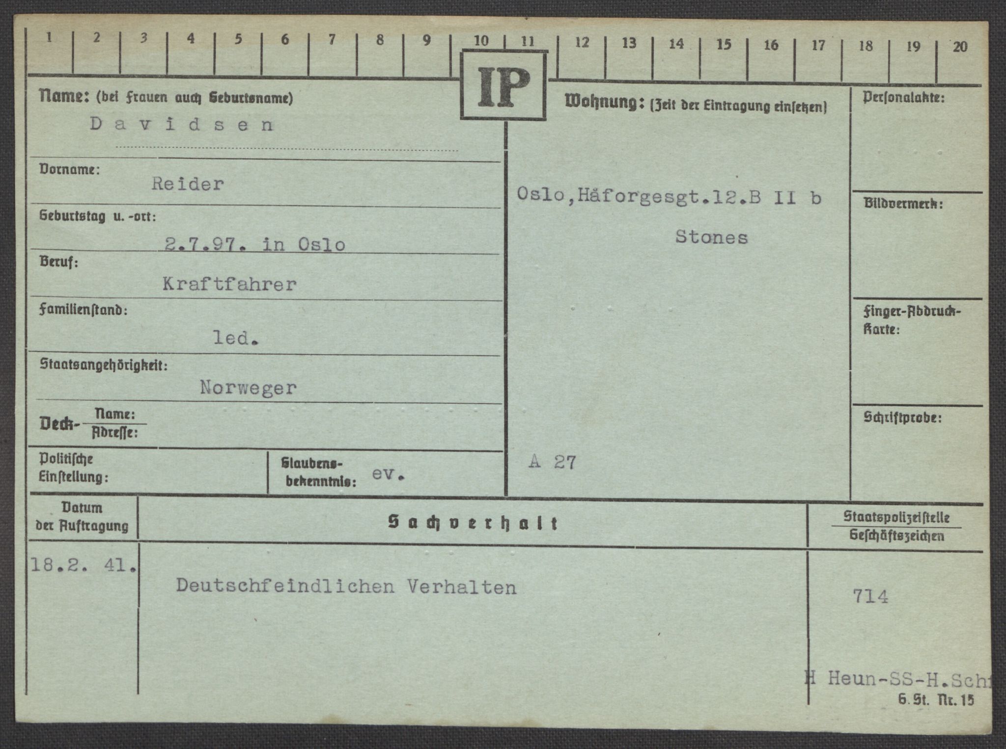 Befehlshaber der Sicherheitspolizei und des SD, AV/RA-RAFA-5969/E/Ea/Eaa/L0002: Register over norske fanger i Møllergata 19: Bj-Eng, 1940-1945, s. 981