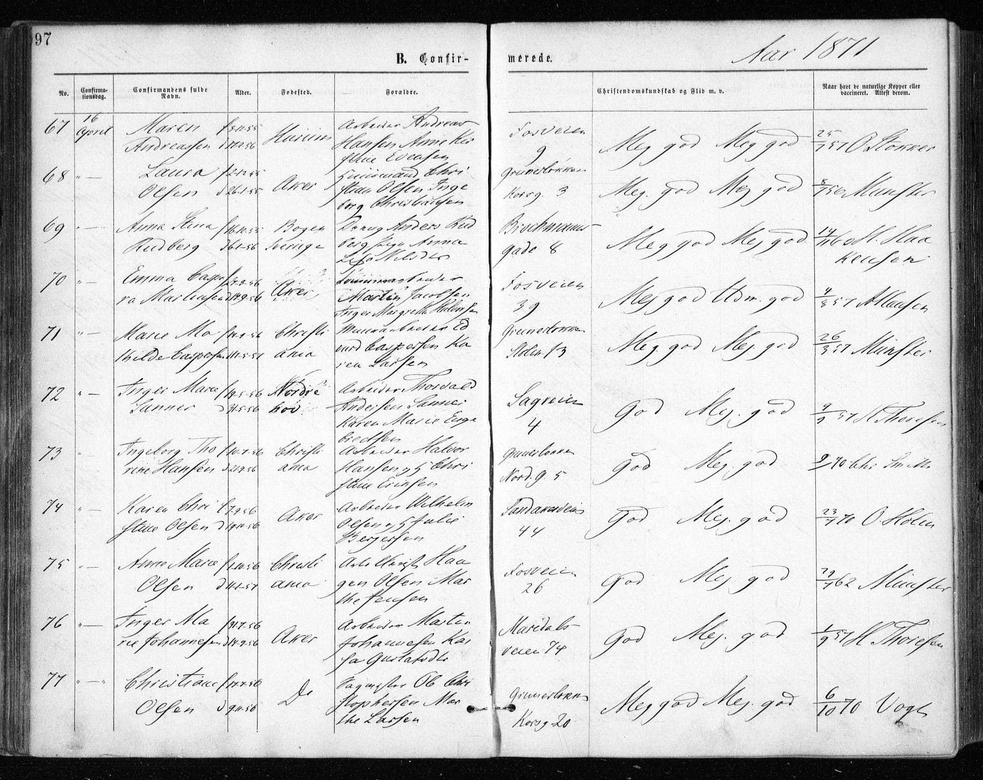 Gamle Aker prestekontor Kirkebøker, AV/SAO-A-10617a/F/L0003: Ministerialbok nr. 3, 1865-1873, s. 97