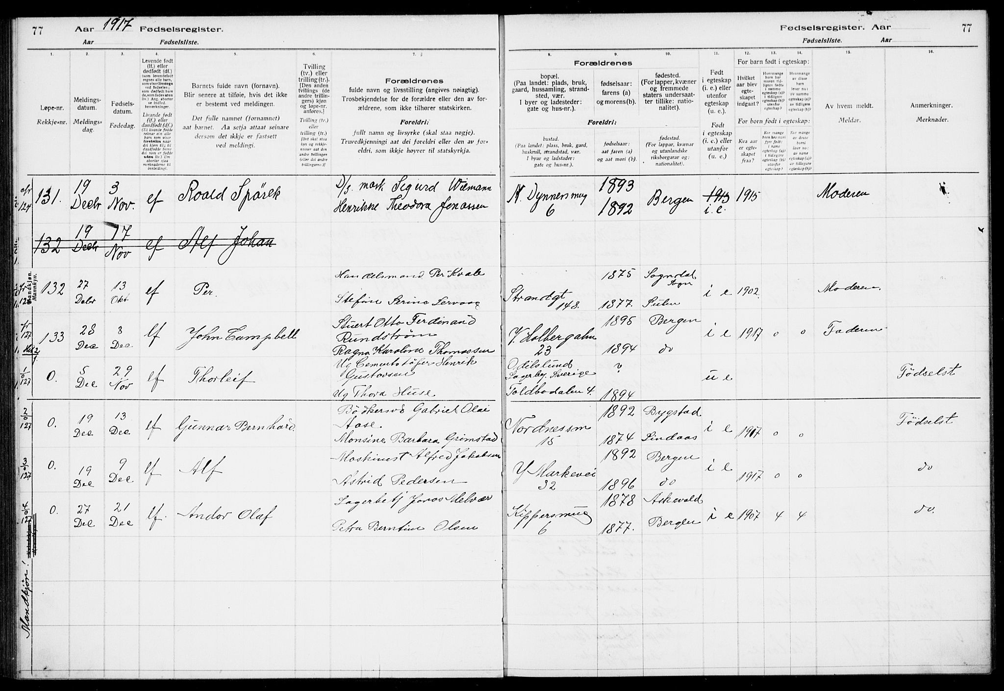 Nykirken Sokneprestembete, SAB/A-77101/I/Id/L00A1: Fødselsregister nr. A 1, 1916-1922, s. 77