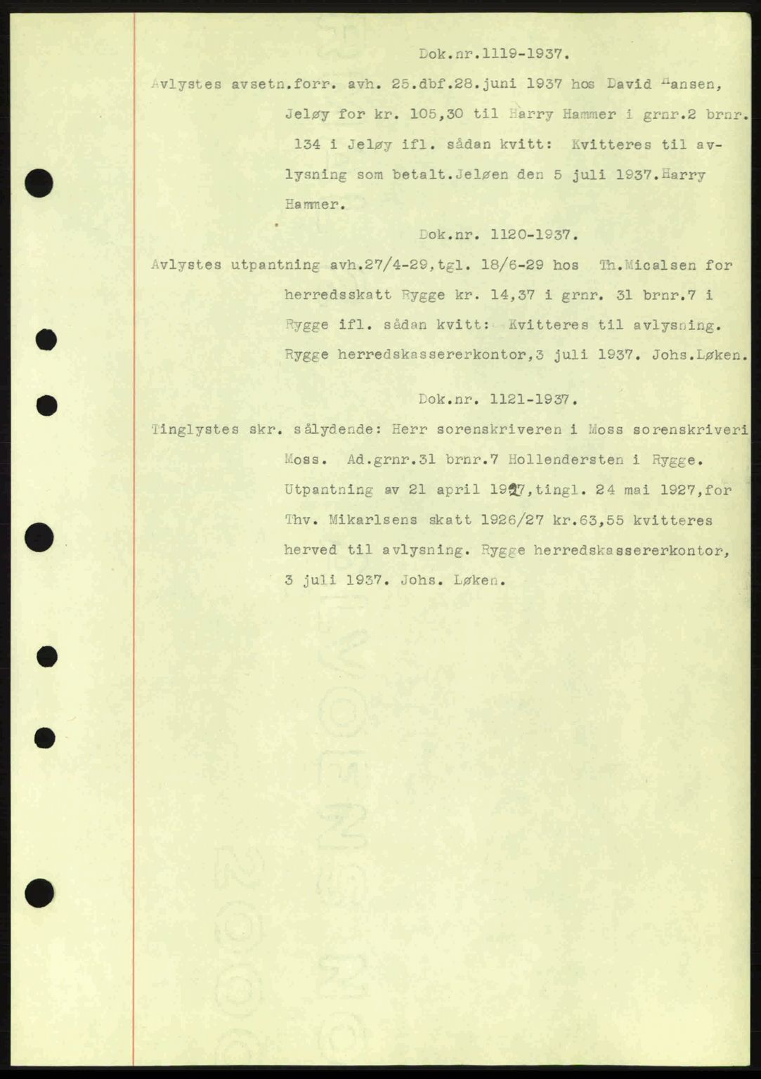 Moss sorenskriveri, SAO/A-10168: Pantebok nr. B3, 1937-1937, Dagboknr: 1119/1937
