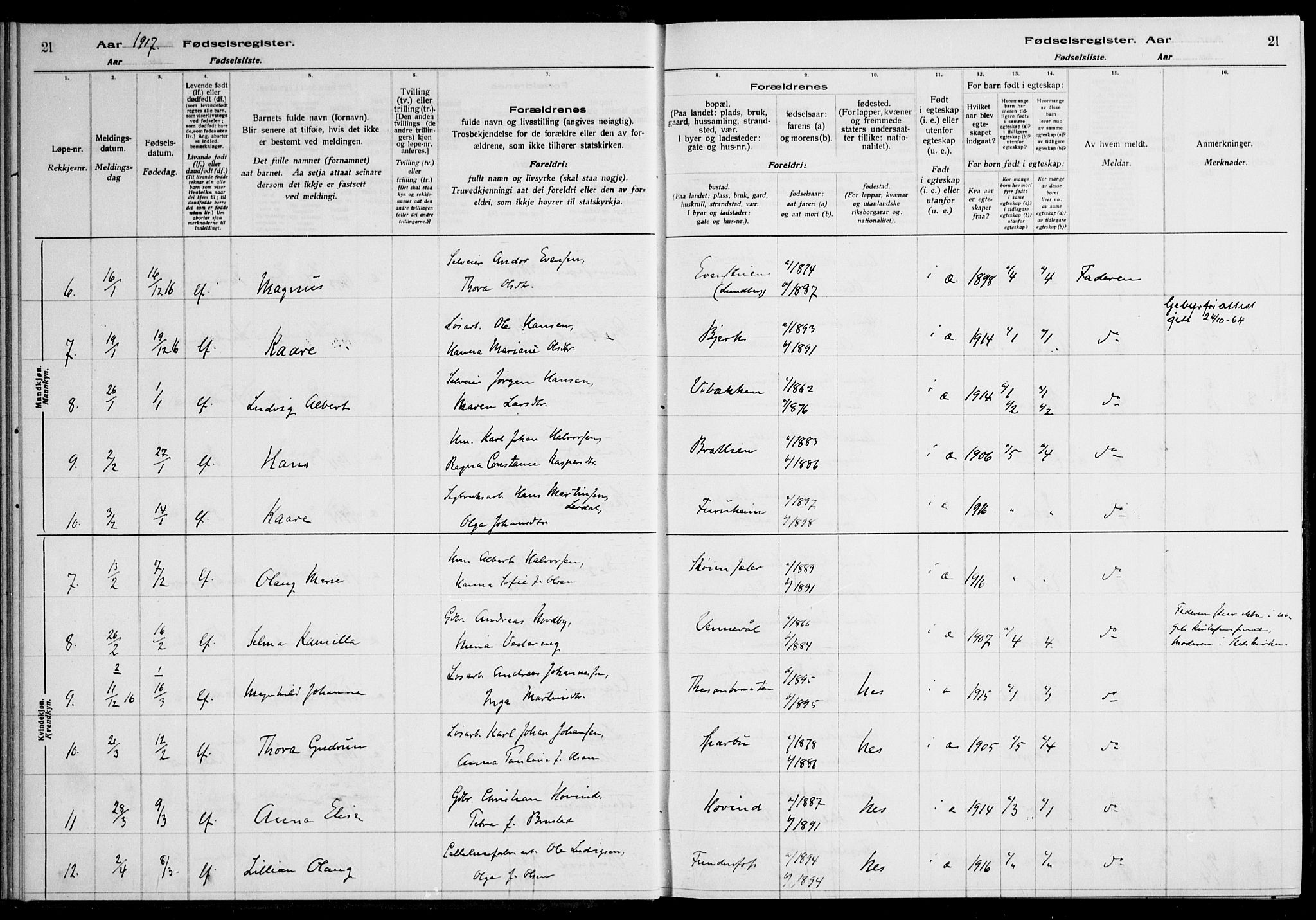 Nes prestekontor Kirkebøker, AV/SAO-A-10410/J/Ja/L0001: Fødselsregister nr. 1, 1916-1926, s. 21