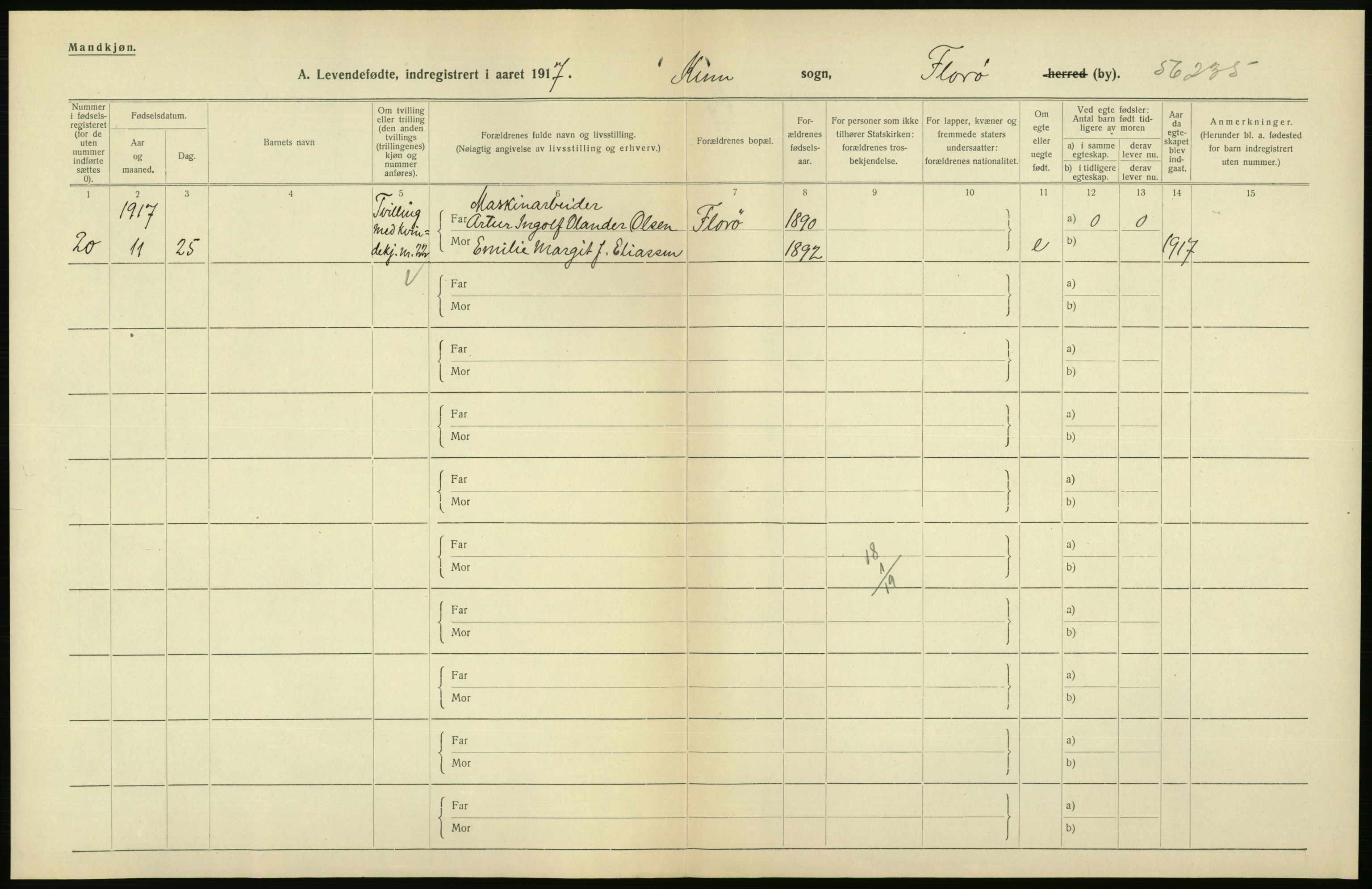 Statistisk sentralbyrå, Sosiodemografiske emner, Befolkning, AV/RA-S-2228/D/Df/Dfb/Dfbg/L0041: Florø by: Levendefødte menn og kvinner, gifte, døde, dødfødte., 1917, s. 6