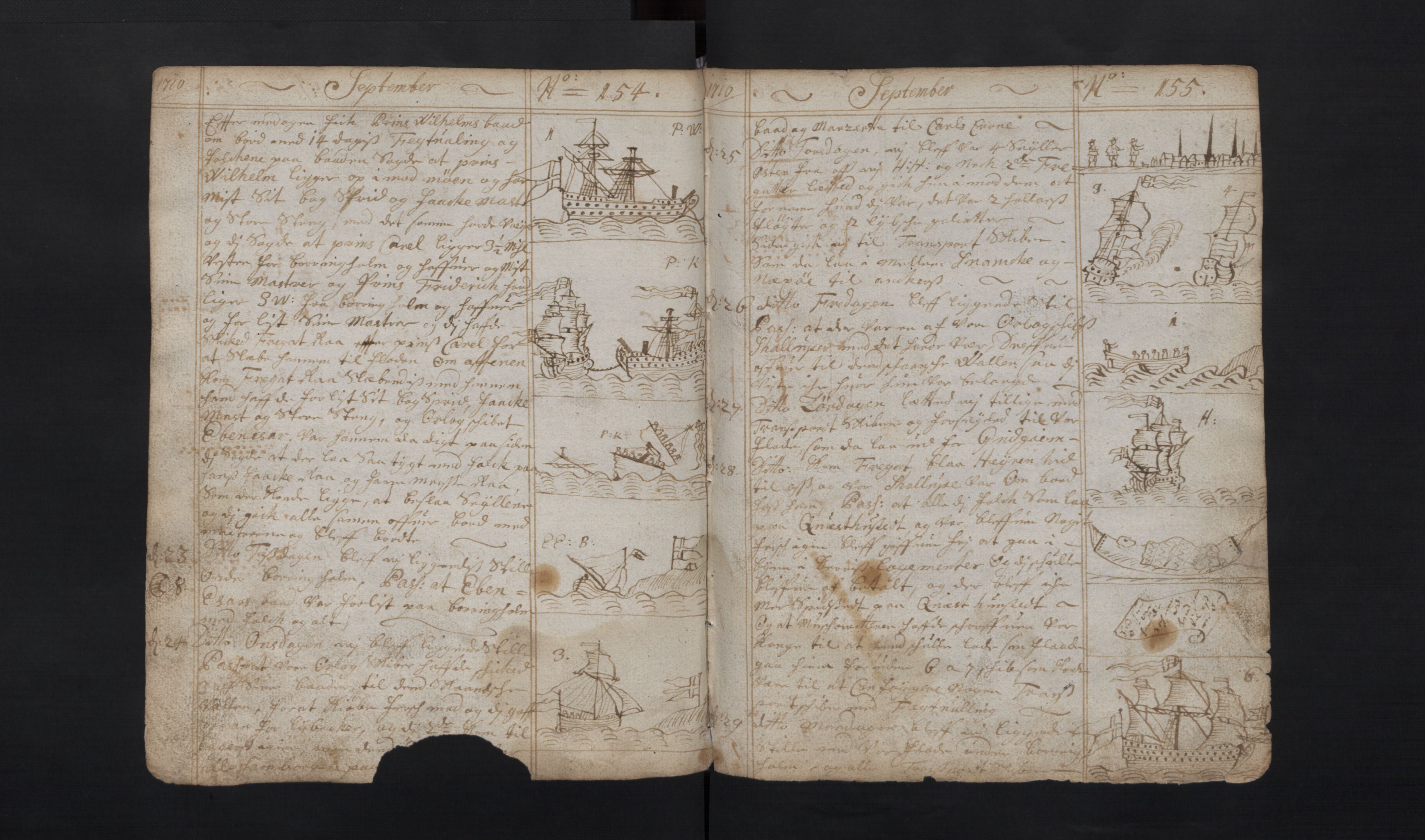 Manuskriptsamlingen, RA/EA-3667/G/L0048a: Nils Trosners dagbok ført på flåten 1710-1713 bd. I, 1710-1713, s. 154-155