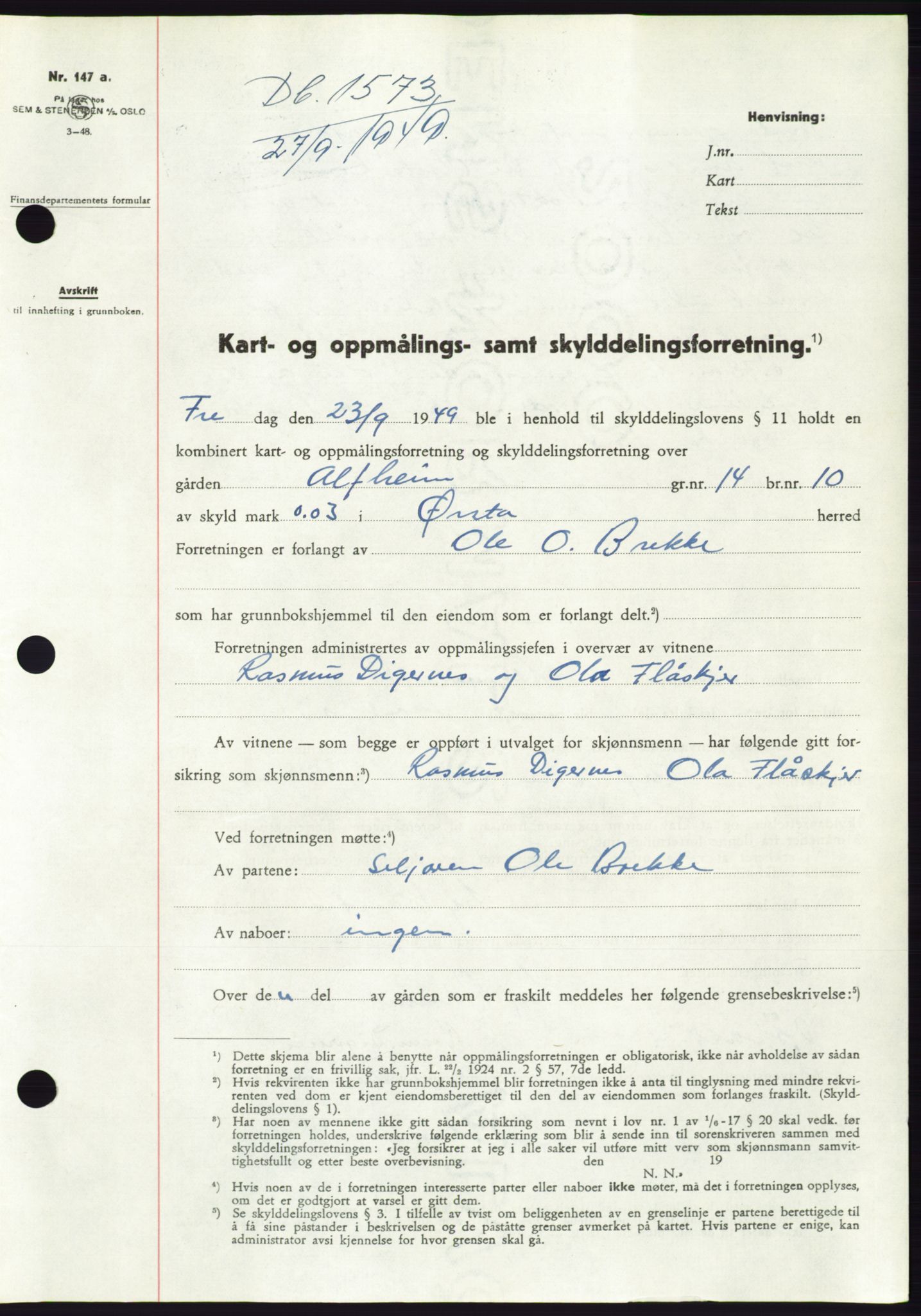 Søre Sunnmøre sorenskriveri, SAT/A-4122/1/2/2C/L0085: Pantebok nr. 11A, 1949-1949, Dagboknr: 1573/1949