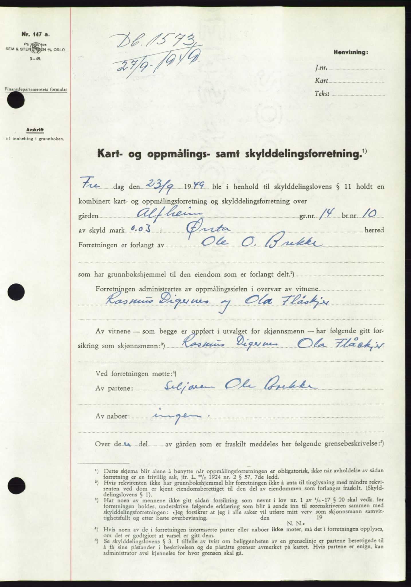 Søre Sunnmøre sorenskriveri, AV/SAT-A-4122/1/2/2C/L0085: Pantebok nr. 11A, 1949-1949, Dagboknr: 1573/1949