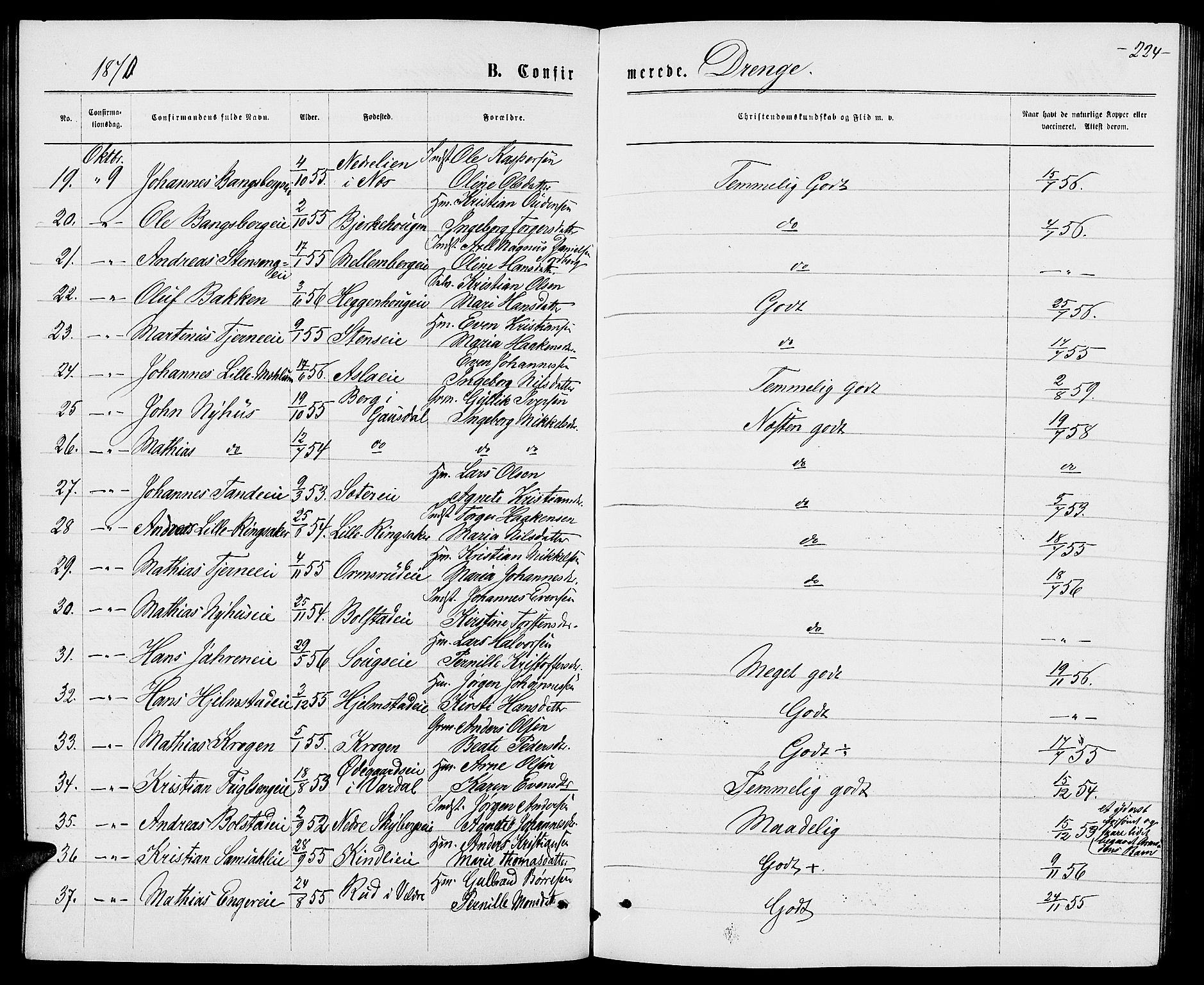 Ringsaker prestekontor, AV/SAH-PREST-014/L/La/L0008: Klokkerbok nr. 8, 1870-1878, s. 224