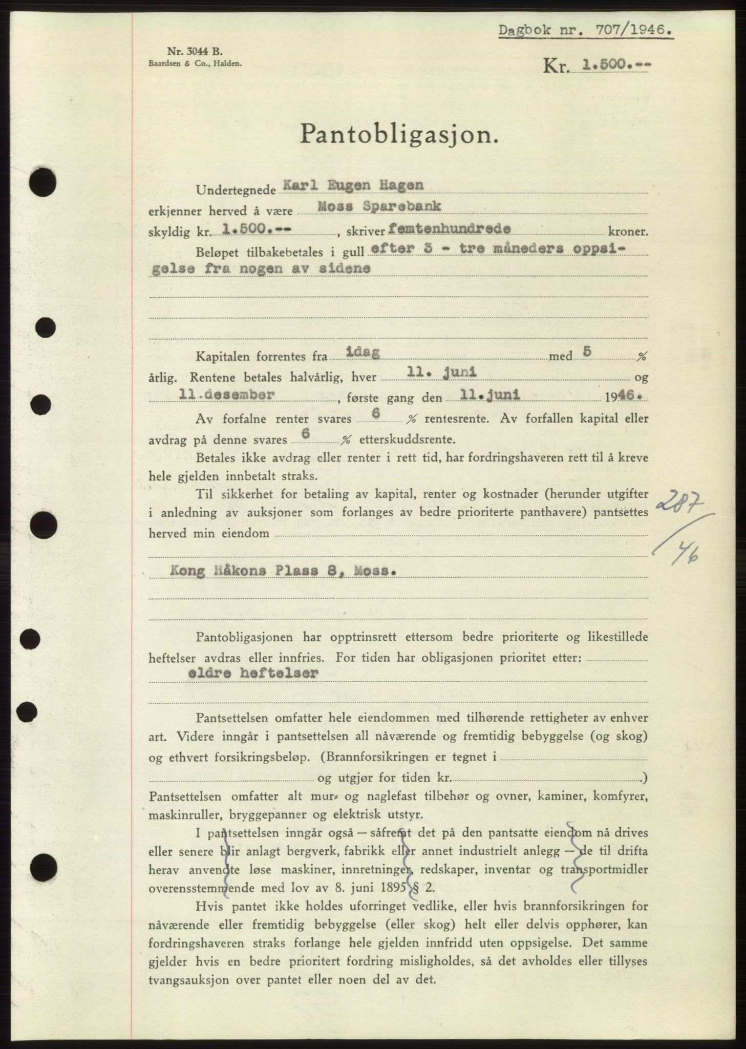 Moss sorenskriveri, SAO/A-10168: Pantebok nr. B15, 1946-1946, Dagboknr: 707/1946