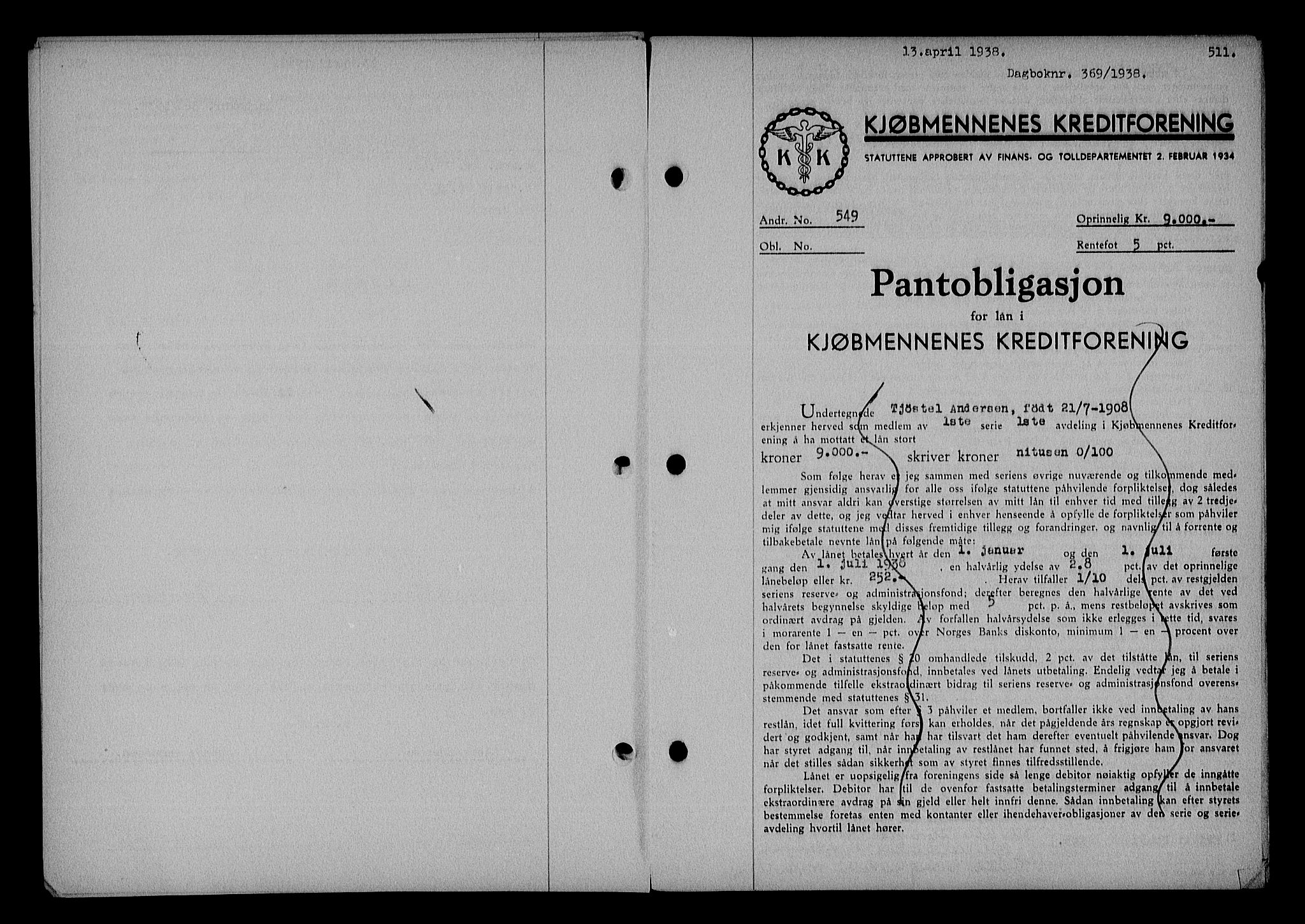 Nedenes sorenskriveri, SAK/1221-0006/G/Gb/Gba/L0044: Pantebok nr. 40, 1937-1938, Dagboknr: 369/1938
