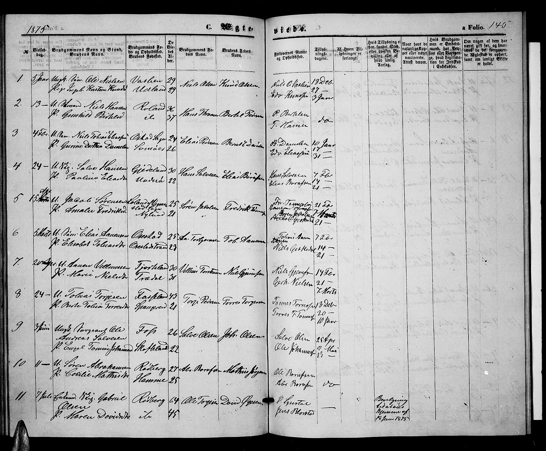 Sør-Audnedal sokneprestkontor, AV/SAK-1111-0039/F/Fb/Fbb/L0004: Klokkerbok nr. B 4, 1868-1879, s. 145