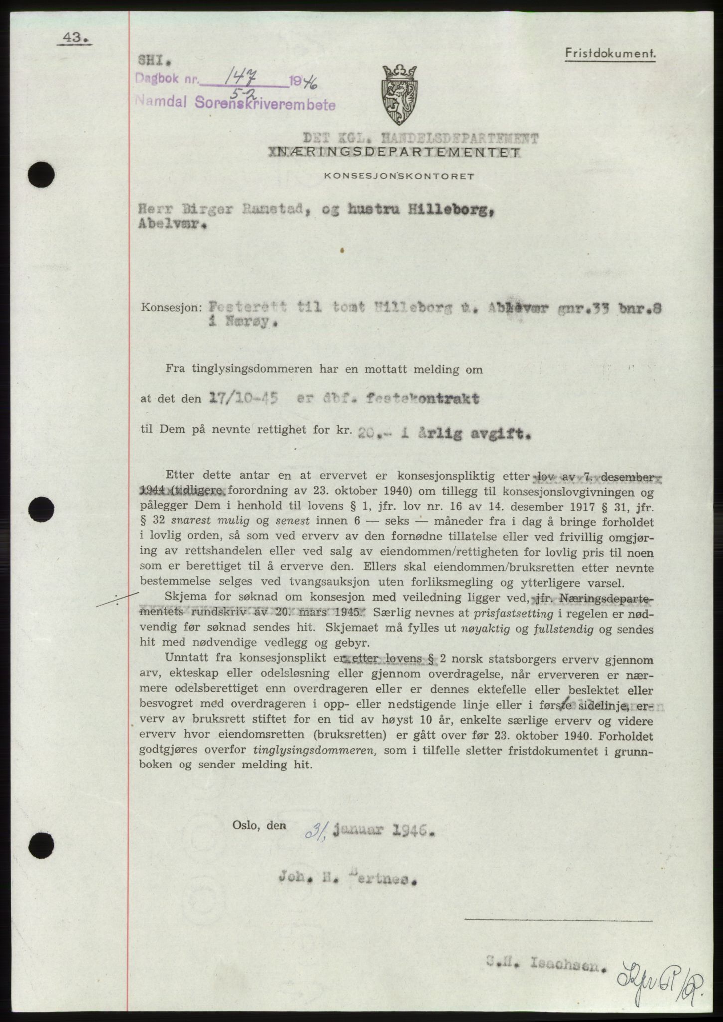 Namdal sorenskriveri, SAT/A-4133/1/2/2C: Pantebok nr. -, 1946-1946, Dagboknr: 147/1946
