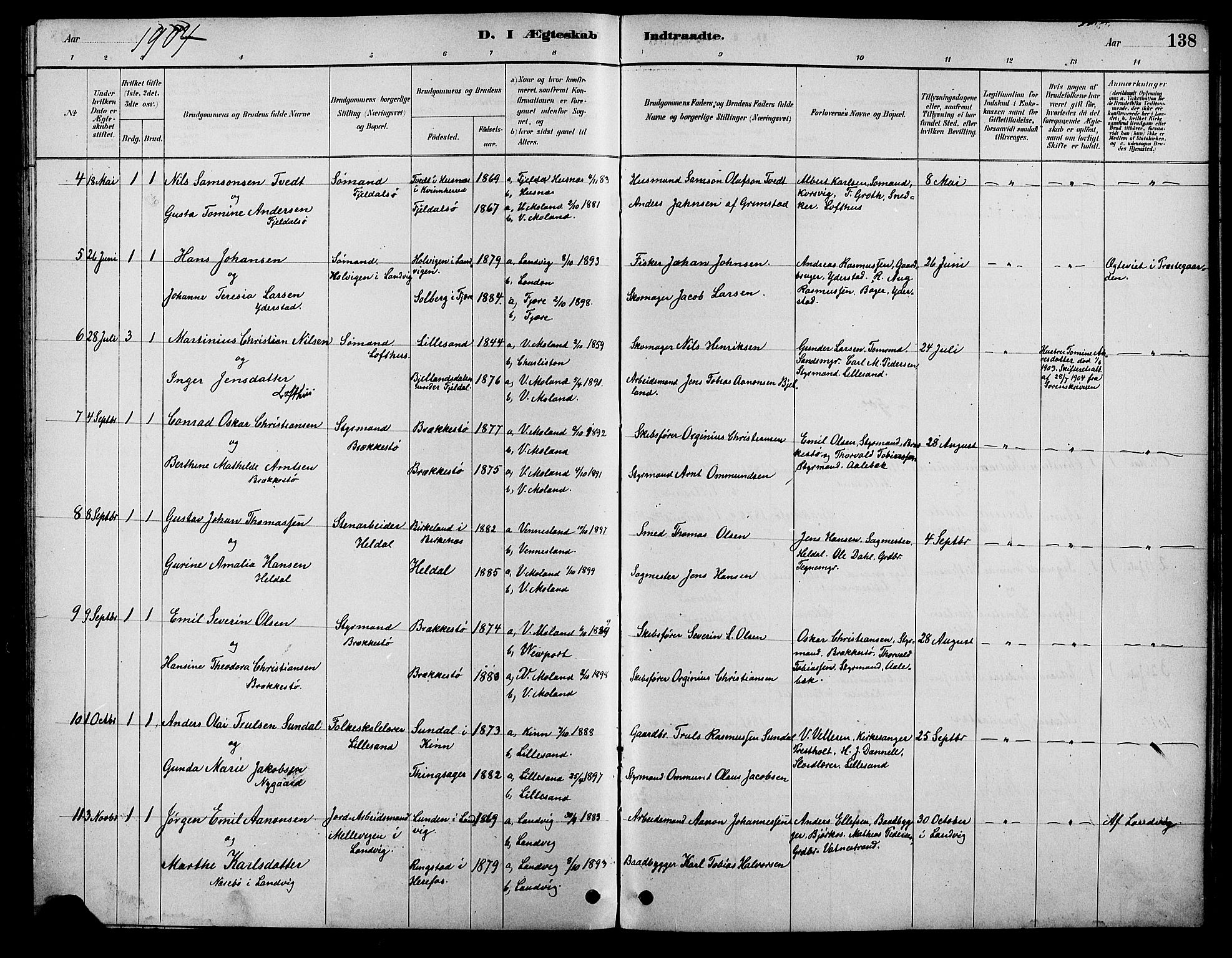 Vestre Moland sokneprestkontor, AV/SAK-1111-0046/F/Fb/Fbb/L0006: Klokkerbok nr. B 6, 1884-1905, s. 138