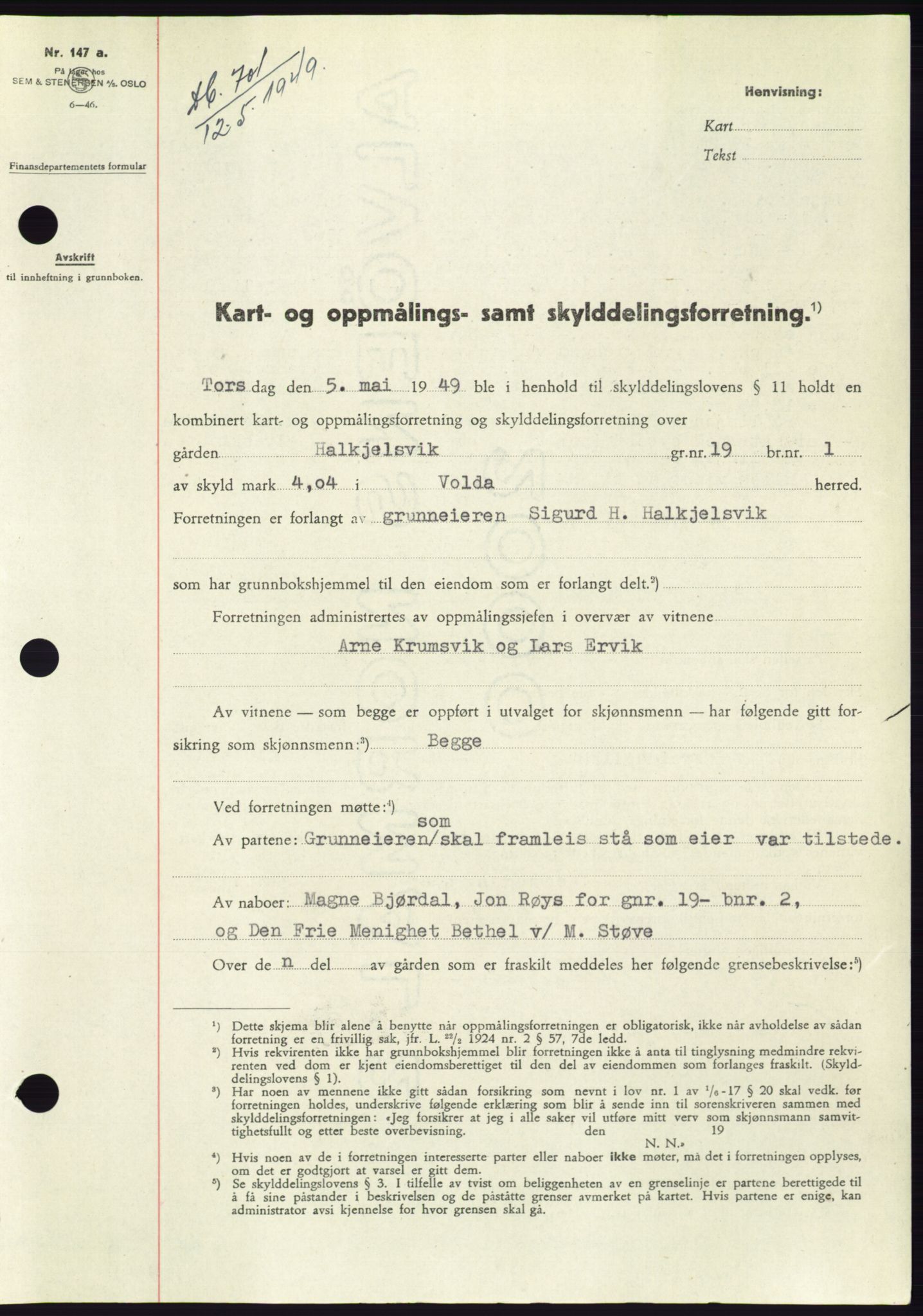 Søre Sunnmøre sorenskriveri, SAT/A-4122/1/2/2C/L0084: Pantebok nr. 10A, 1949-1949, Dagboknr: 701/1949