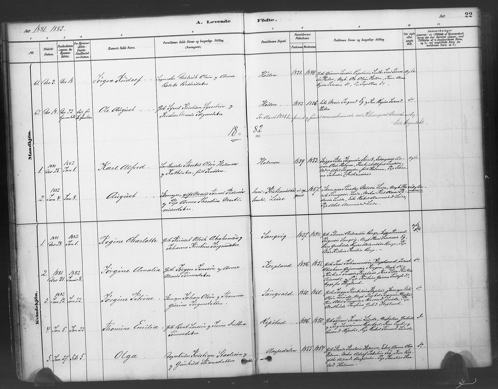 Søgne sokneprestkontor, AV/SAK-1111-0037/F/Fa/Fab/L0012: Ministerialbok nr. A 12, 1880-1891, s. 22