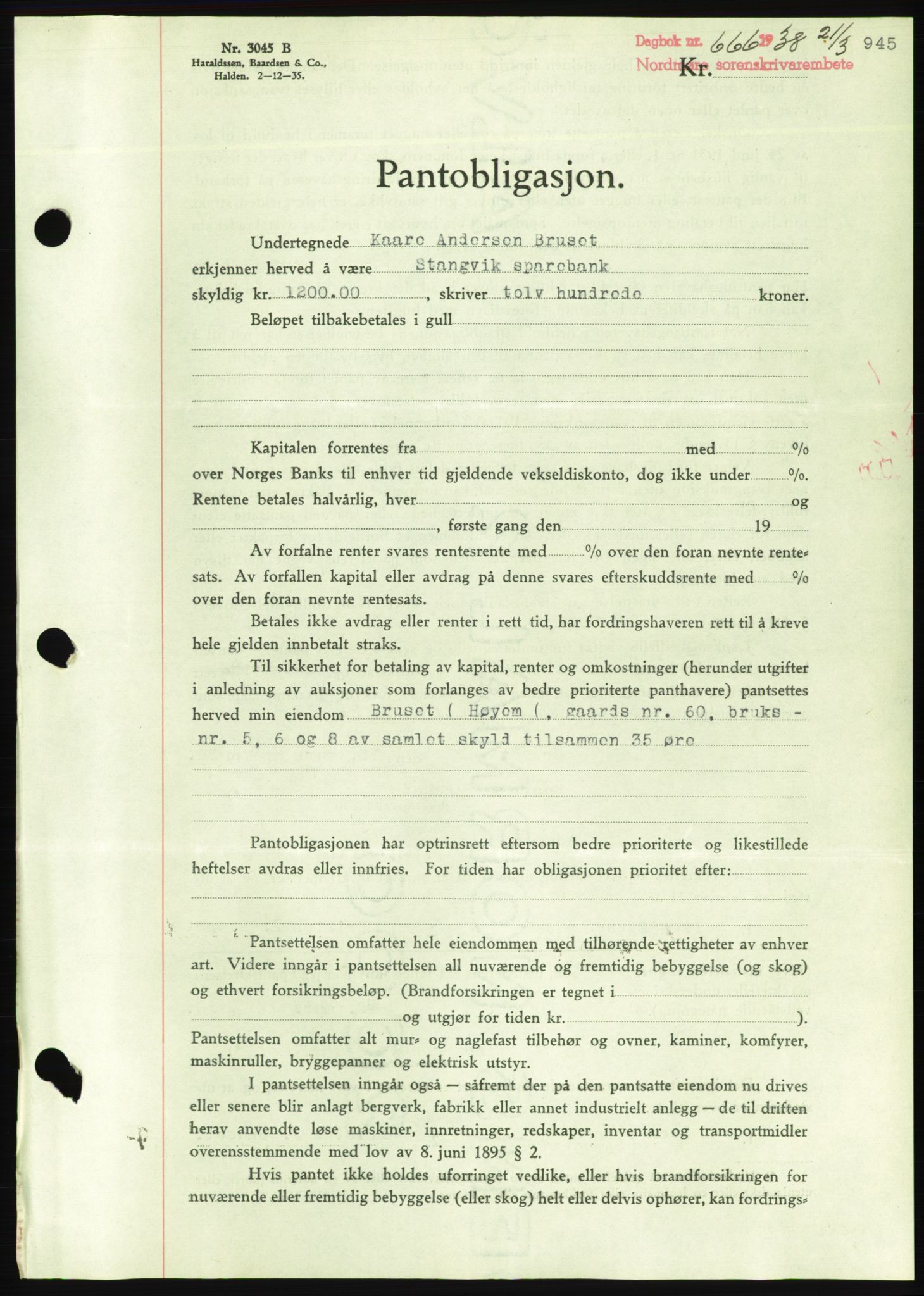 Nordmøre sorenskriveri, AV/SAT-A-4132/1/2/2Ca/L0092: Pantebok nr. B82, 1937-1938, Dagboknr: 666/1938